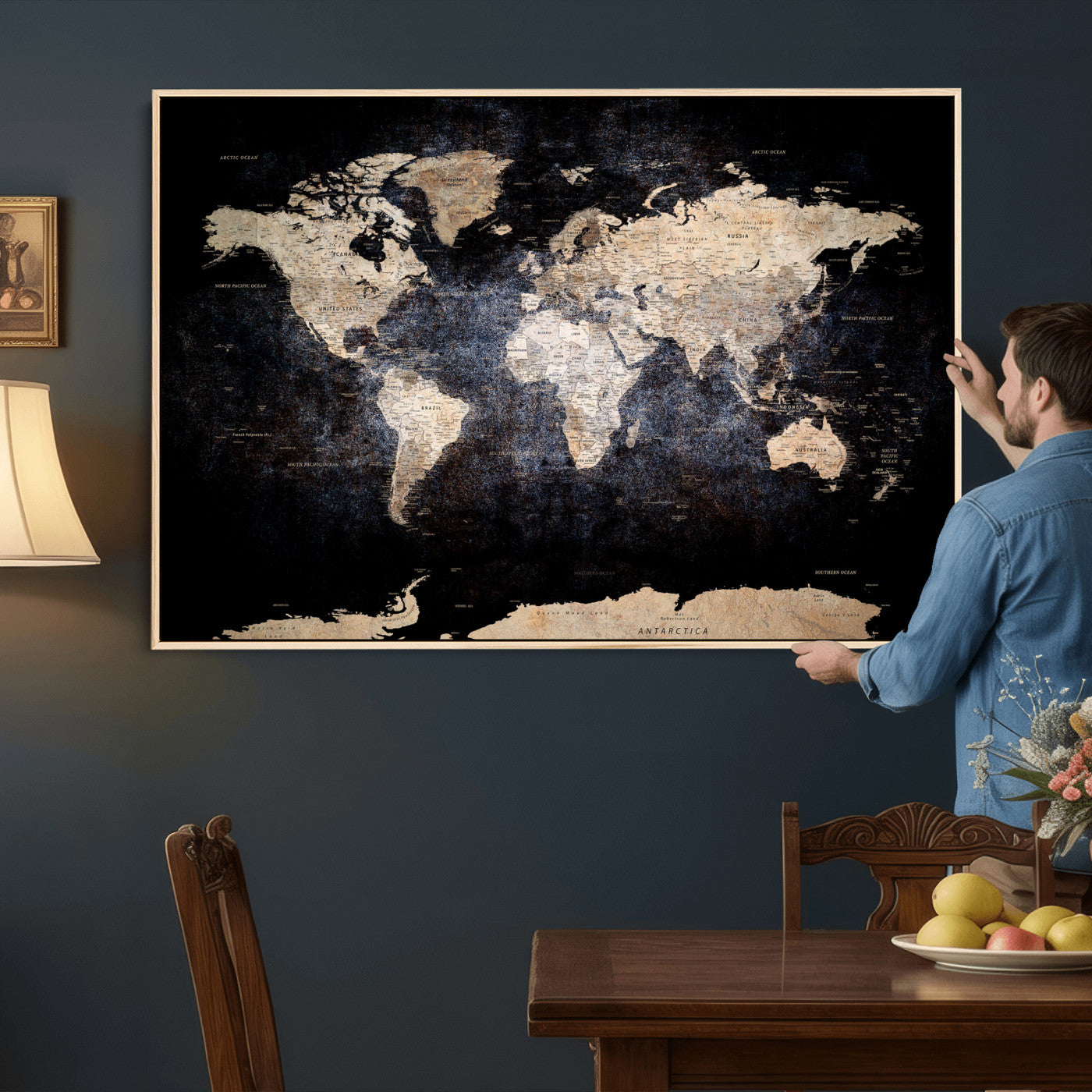 56713386-MGV-CV-36X24 - World Map Wall Art Canvas Print, Modern Decorative Framed Map Artwork Prints for Living Room, Office, Bedroom Wall Decor