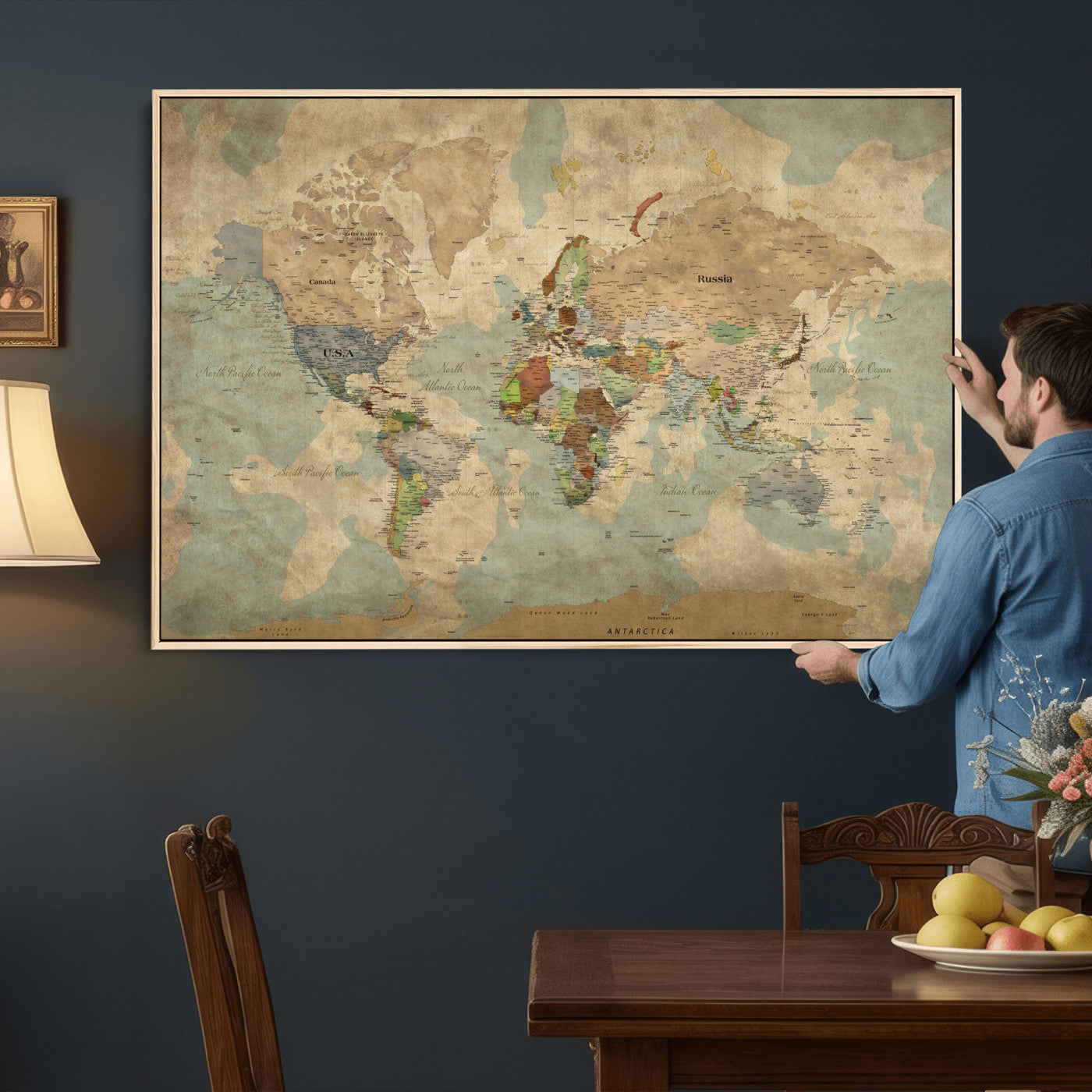 31492148-MGV-CV-36X24 - World Map Wall Art Canvas Print, Modern Decorative Framed Map Artwork Prints for Living Room, Office, Bedroom Wall Decor