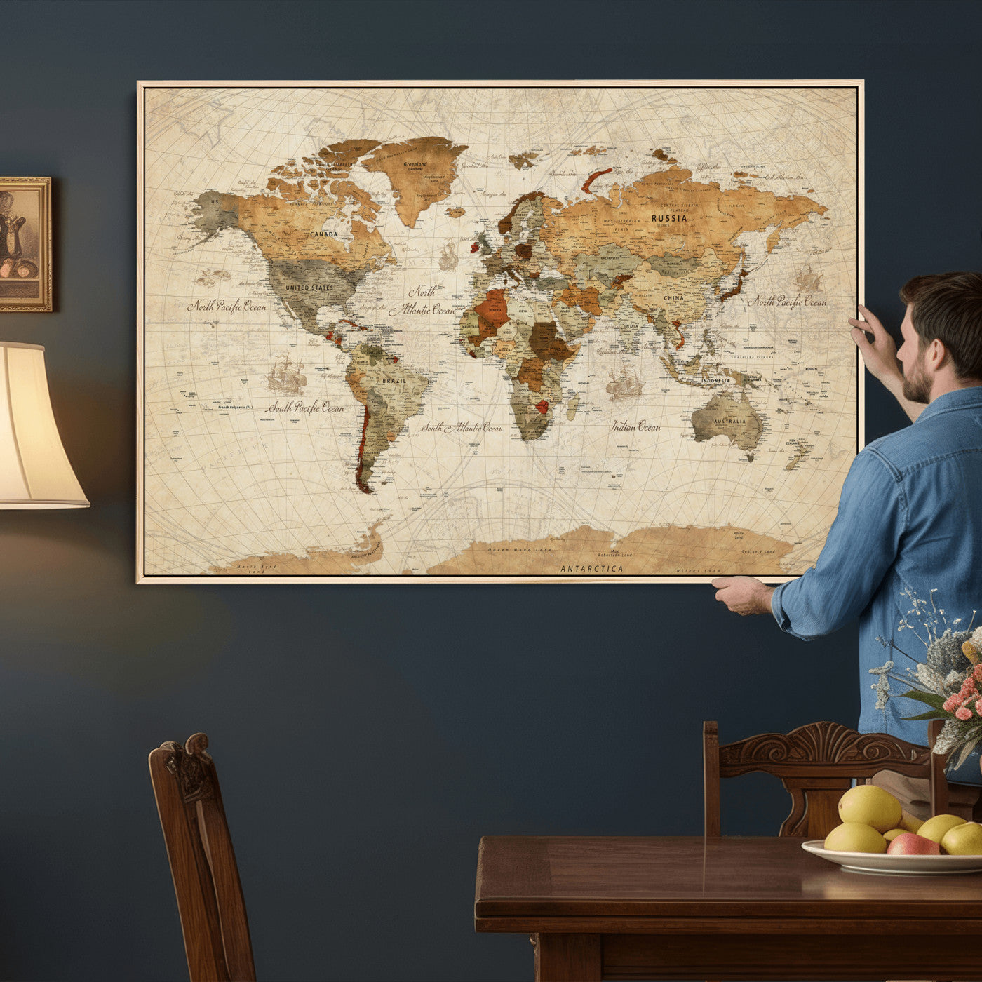 29684537-MGV-CV-36X24 - World Map Wall Art Canvas Print, Modern Decorative Framed Map Artwork Prints for Living Room, Office, Bedroom Wall Decor