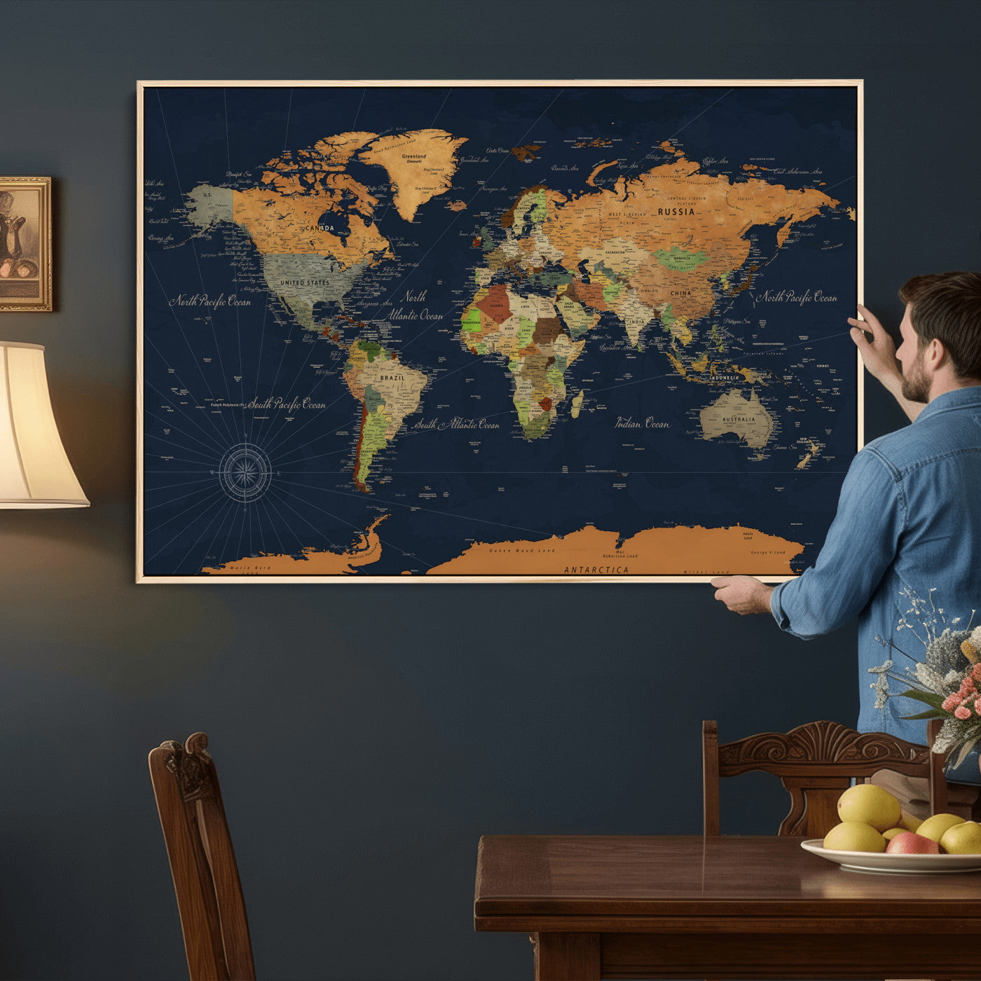 11715182-MGV-CV-36X24 - World Map Wall Art Canvas Print, Modern Decorative Framed Map Artwork Prints for Living Room, Office, Bedroom Wall Decor