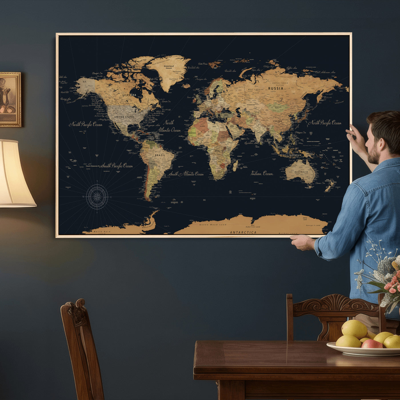 87280374-MGV-CV-36X24 - World Map Wall Art Canvas Print, Modern Decorative Framed Map Artwork Prints for Living Room, Office, Bedroom Wall Decor
