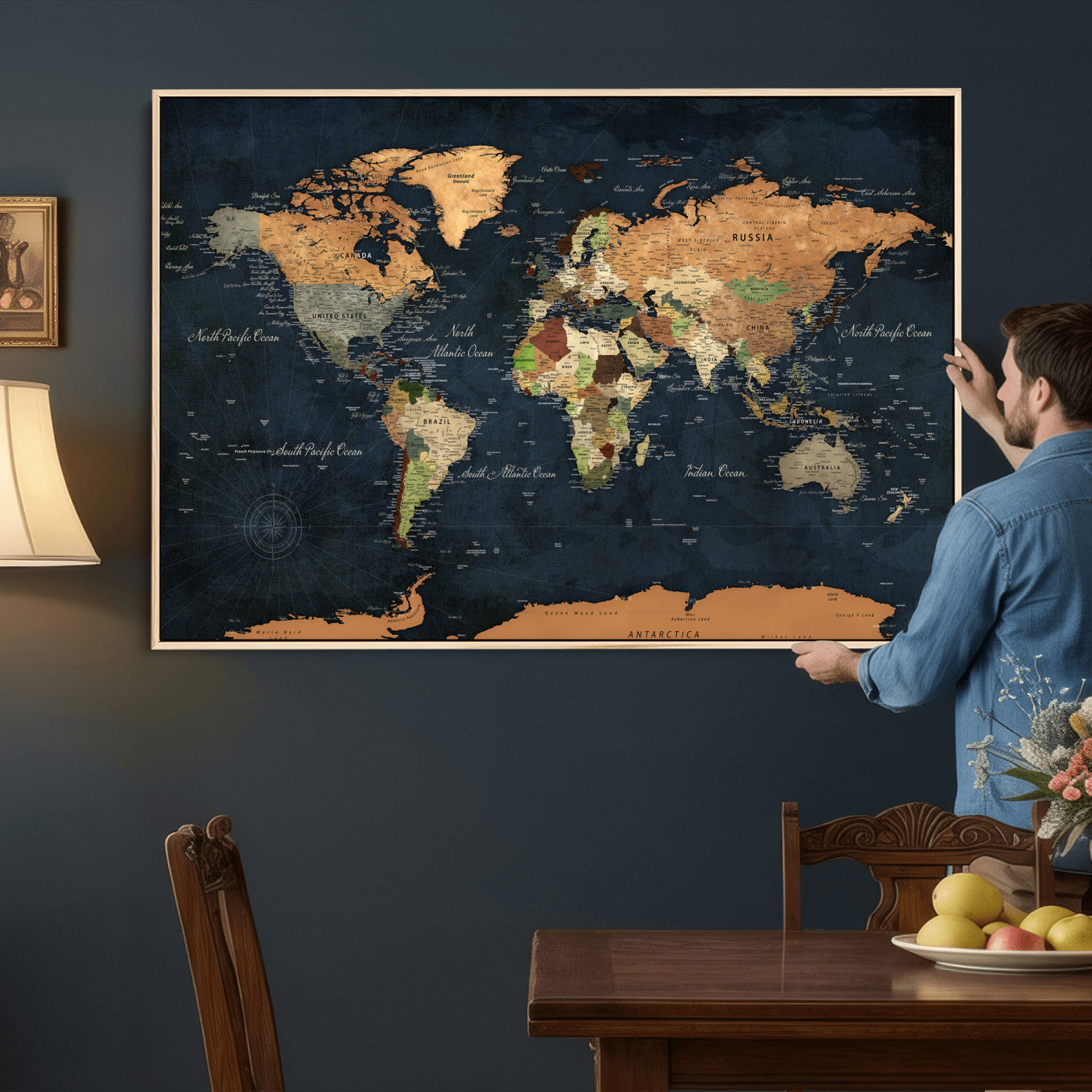 53717402-MGV-CV-36X24 - World Map Wall Art Canvas Print, Modern Decorative Framed Map Artwork Prints for Living Room, Office, Bedroom Wall Decor