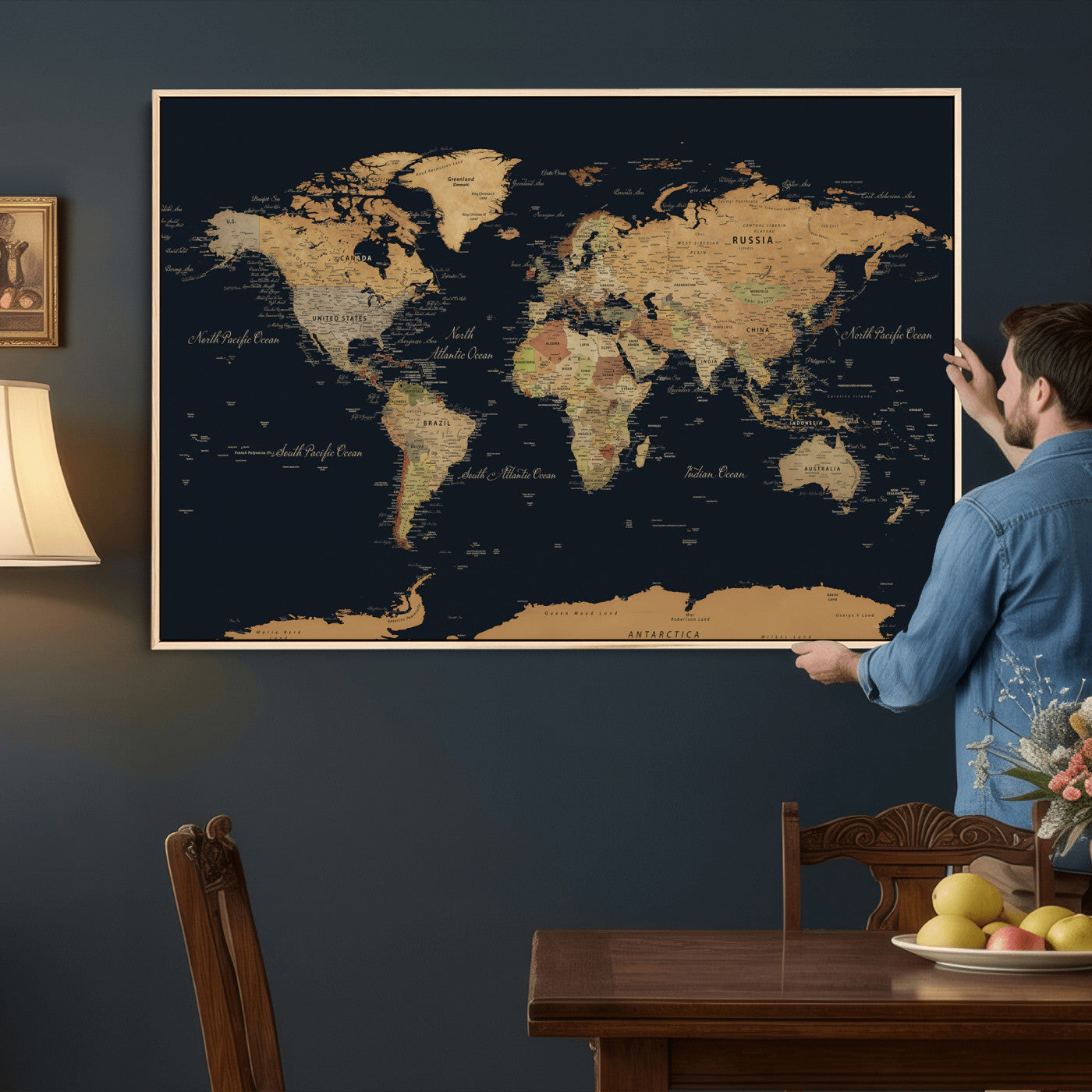 36916368-MGV-CV-36X24 - World Map Wall Art Canvas Print, Modern Decorative Framed Map Artwork Prints for Living Room, Office, Bedroom Wall Decor