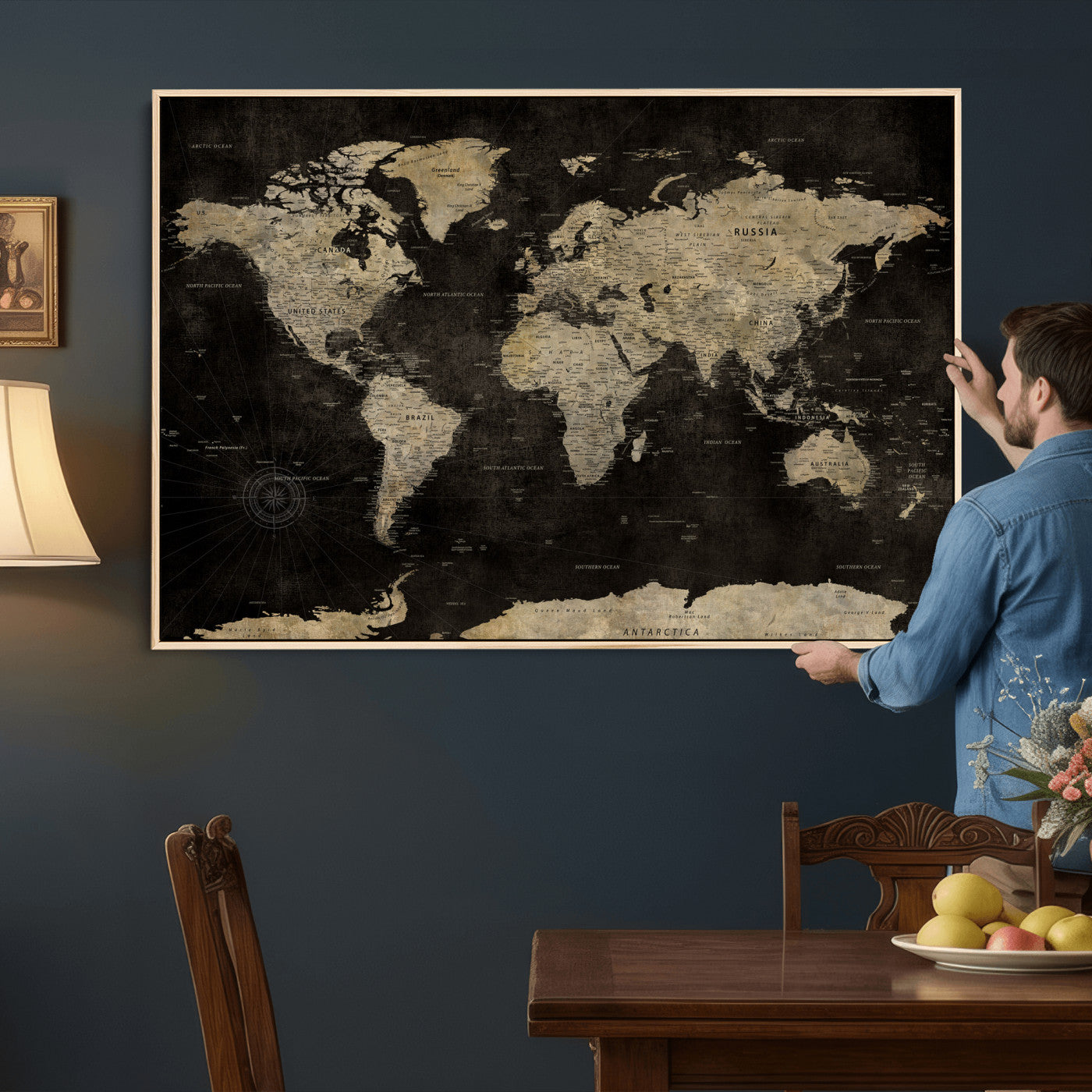 60653880-MGV-CV-36X24 - World Map Wall Art Canvas Print, Modern Decorative Framed Map Artwork Prints for Living Room, Office, Bedroom Wall Decor
