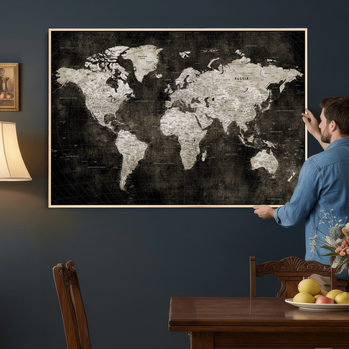 94581666-MGV-CV-36X24 - World Map Wall Art Canvas Print, Modern Decorative Framed Map Artwork Prints for Living Room, Office, Bedroom Wall Decor