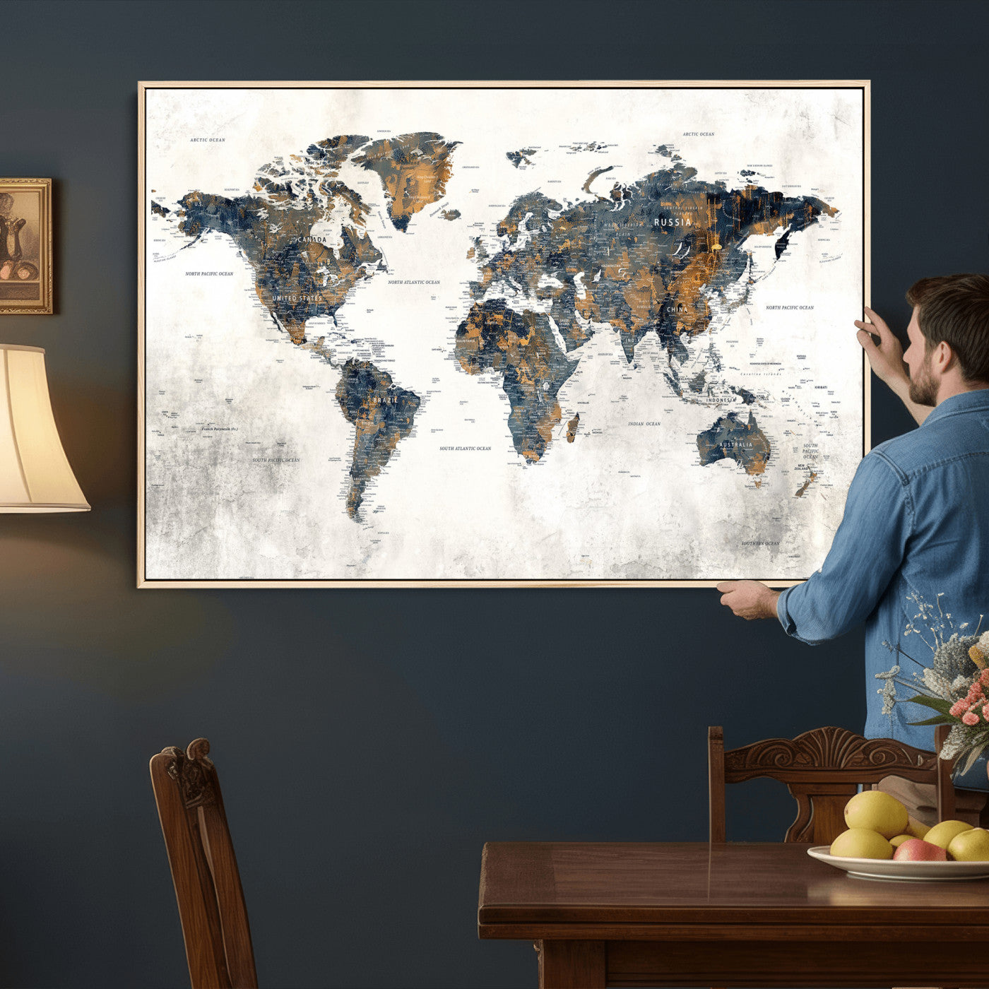 52451147-MGV-CV-36X24 - World Map Wall Art Canvas Print, Modern Decorative Framed Map Artwork Prints for Living Room, Office, Bedroom Wall Decor