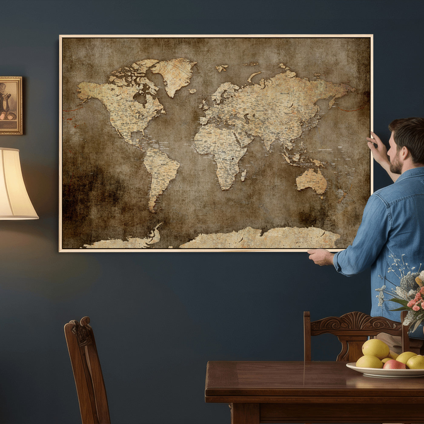 35847542-MGV-CV-36X24 - World Map Wall Art Canvas Print, Modern Decorative Framed Map Artwork Prints for Living Room, Office, Bedroom Wall Decor