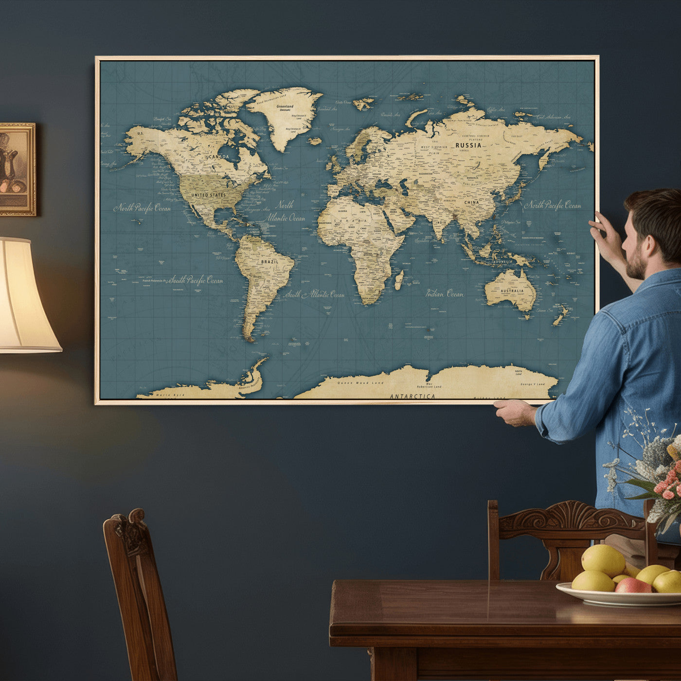 99599383-MGV-CV-36X24 - World Map Wall Art Canvas Print, Modern Decorative Framed Map Artwork Prints for Living Room, Office, Bedroom Wall Decor