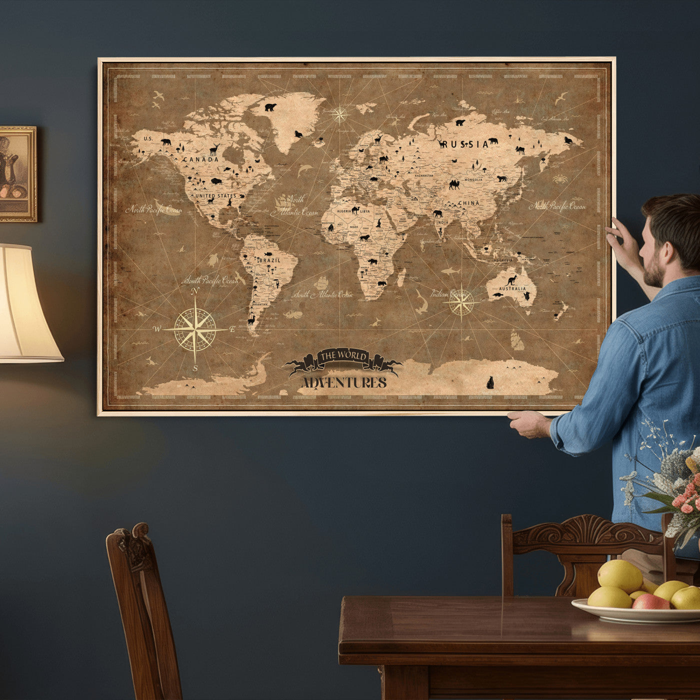 20759686-MGV-CV-36X24 - World Map Wall Art Canvas Print, Modern Decorative Framed Map Artwork Prints for Living Room, Office, Bedroom Wall Decor
