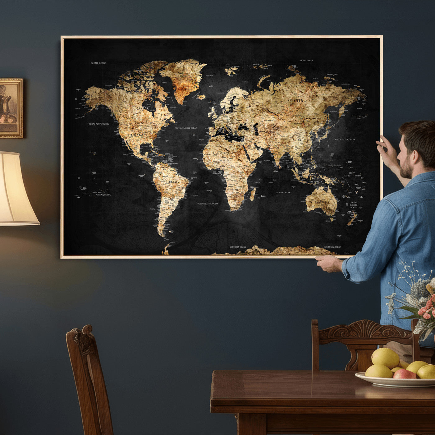 23568589-MGV-CV-36X24 - World Map Wall Art Canvas Print, Modern Decorative Framed Map Artwork Prints for Living Room, Office, Bedroom Wall Decor
