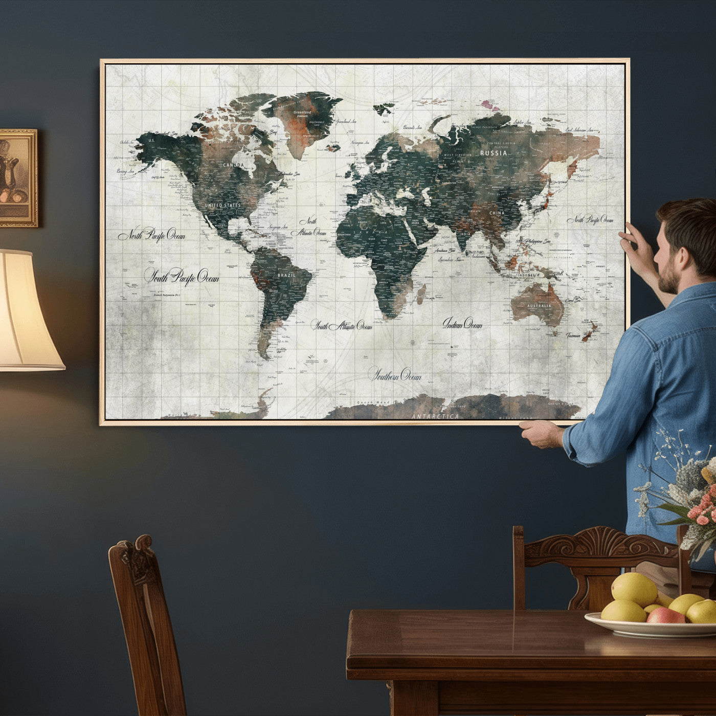 91179593-MGV-CV-36X24 - World Map Wall Art Canvas Print, Modern Decorative Framed Map Artwork Prints for Living Room, Office, Bedroom Wall Decor