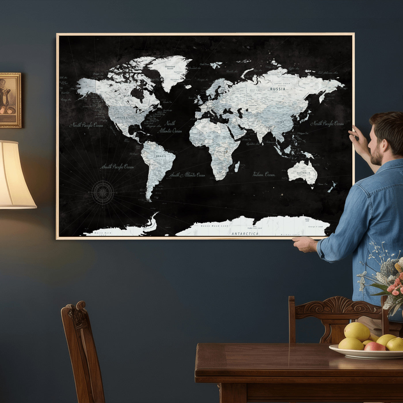28664806-MGV-CV-36X24 - World Map Wall Art Canvas Print, Modern Decorative Framed Map Artwork Prints for Living Room, Office, Bedroom Wall Decor