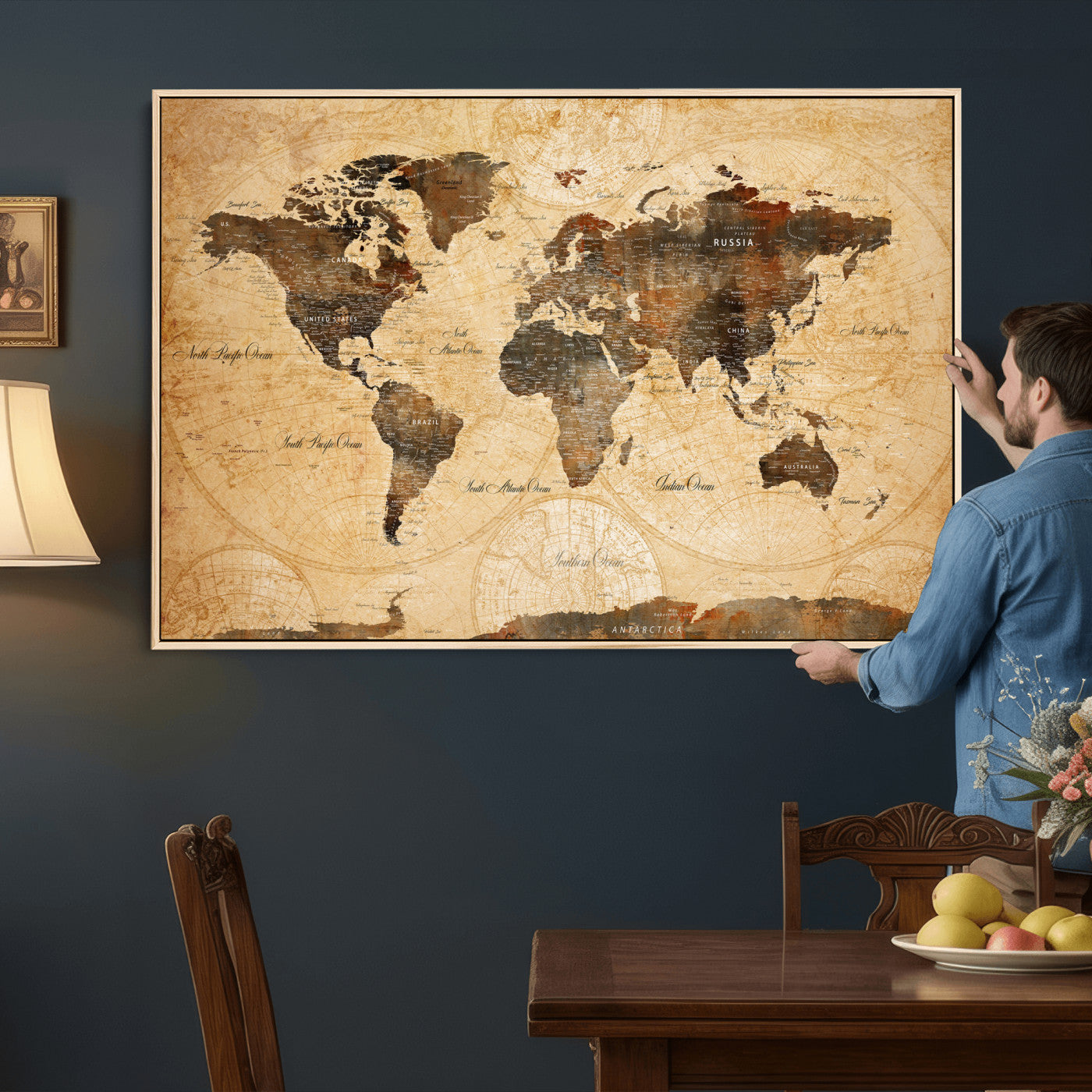63156625-MGV-CV-36X24 - World Map Wall Art Canvas Print, Modern Decorative Framed Map Artwork Prints for Living Room, Office, Bedroom Wall Decor