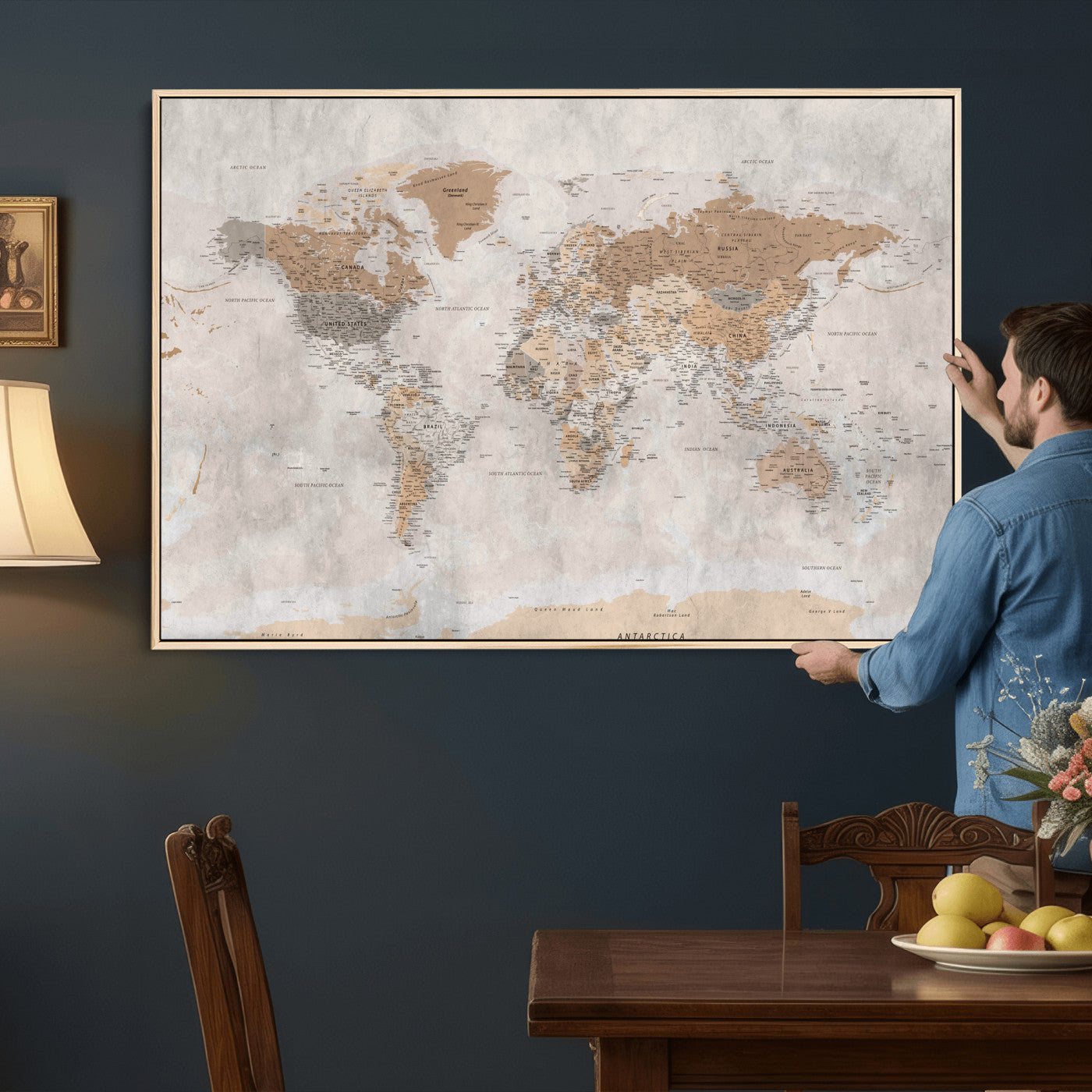 34051638-MGV-CV-36X24 - World Map Wall Art Canvas Print, Modern Decorative Framed Map Artwork Prints for Living Room, Office, Bedroom Wall Decor