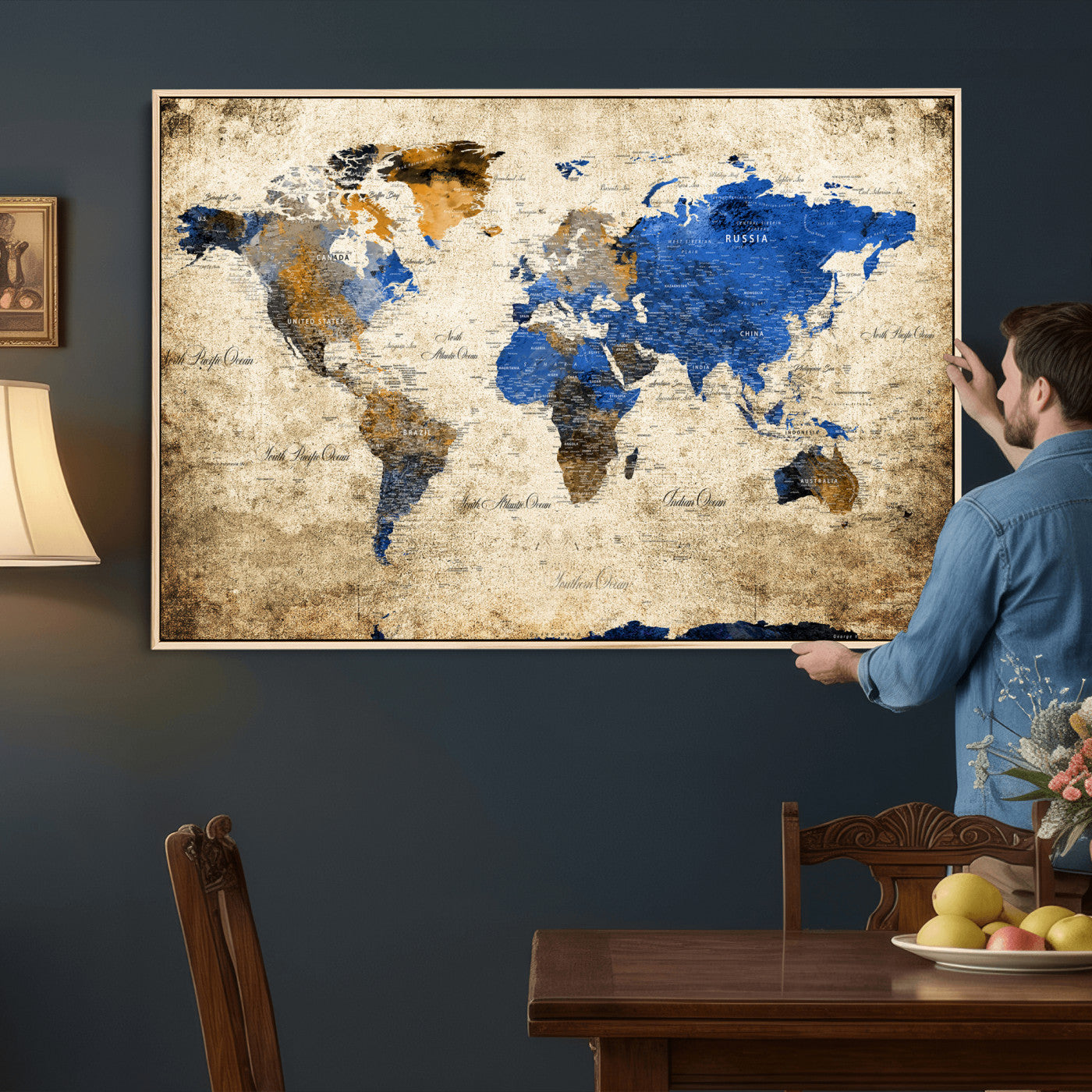 27314341-MGV-CV-36X24 - World Map Wall Art Canvas Print, Modern Decorative Framed Map Artwork Prints for Living Room, Office, Bedroom Wall Decor