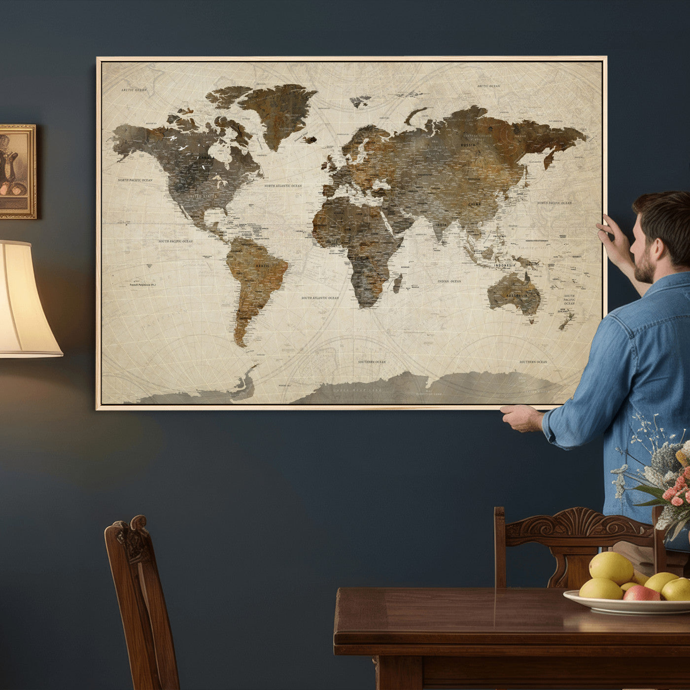 49623468-MGV-CV-36X24 - World Map Wall Art Canvas Print, Modern Decorative Framed Map Artwork Prints for Living Room, Office, Bedroom Wall Decor