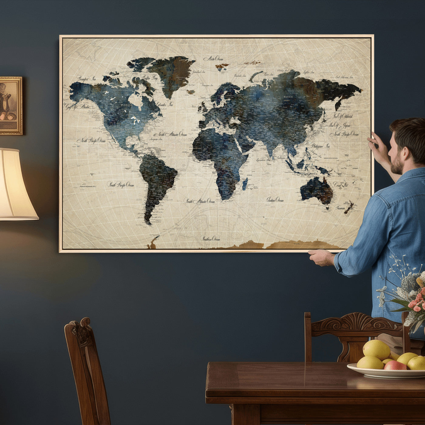 72927803-MGV-CV-36X24 - World Map Wall Art Canvas Print, Modern Decorative Framed Map Artwork Prints for Living Room, Office, Bedroom Wall Decor