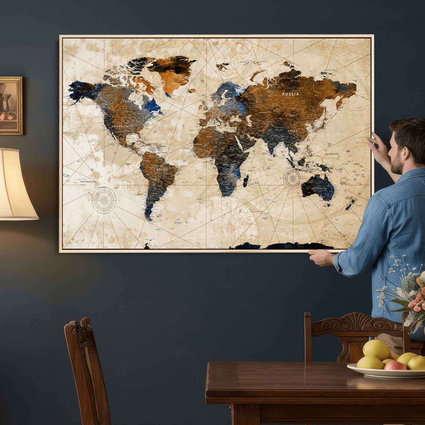 15727090-MGV-CV-36X24 - World Map Wall Art Canvas Print, Modern Decorative Framed Map Artwork Prints for Living Room, Office, Bedroom Wall Decor