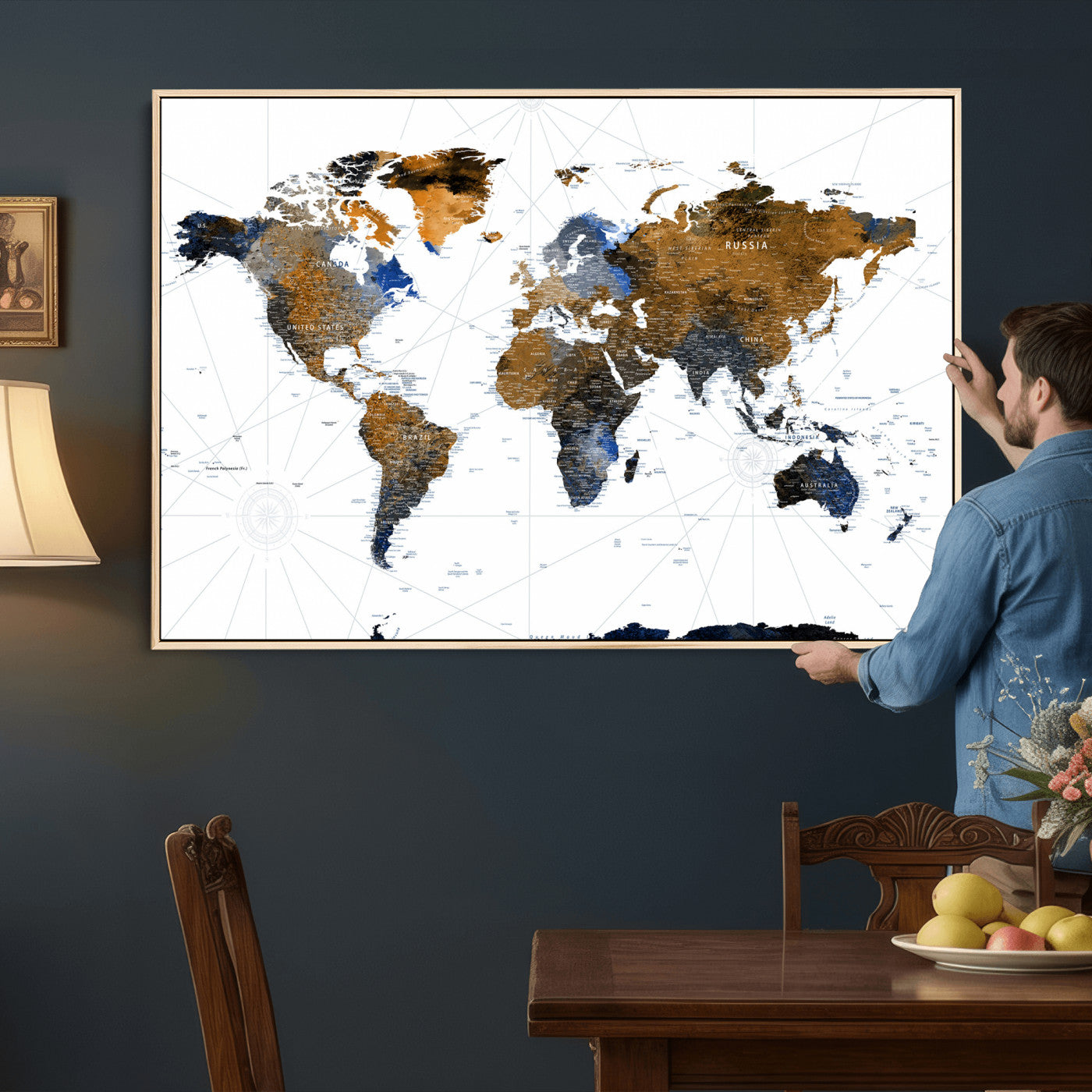 56364879-MGV-CV-36X24 - World Map Wall Art Canvas Print, Modern Decorative Framed Map Artwork Prints for Living Room, Office, Bedroom Wall Decor