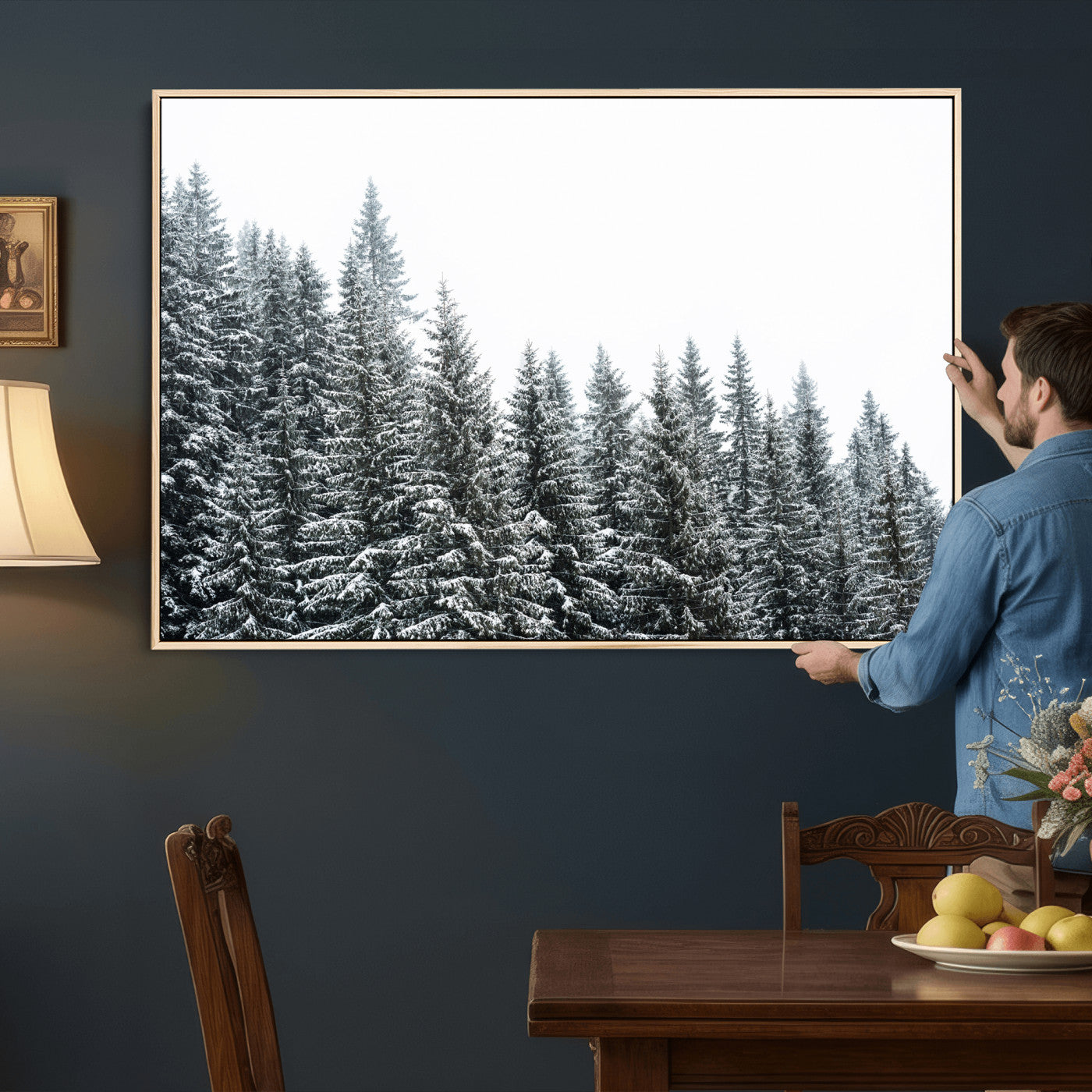 69566941-MGV-CV-36X24 - Misty Mountain Forest Canvas Print, Foggy Pine Trees Nature Wall Art, Framed Canvas Ready to Hang