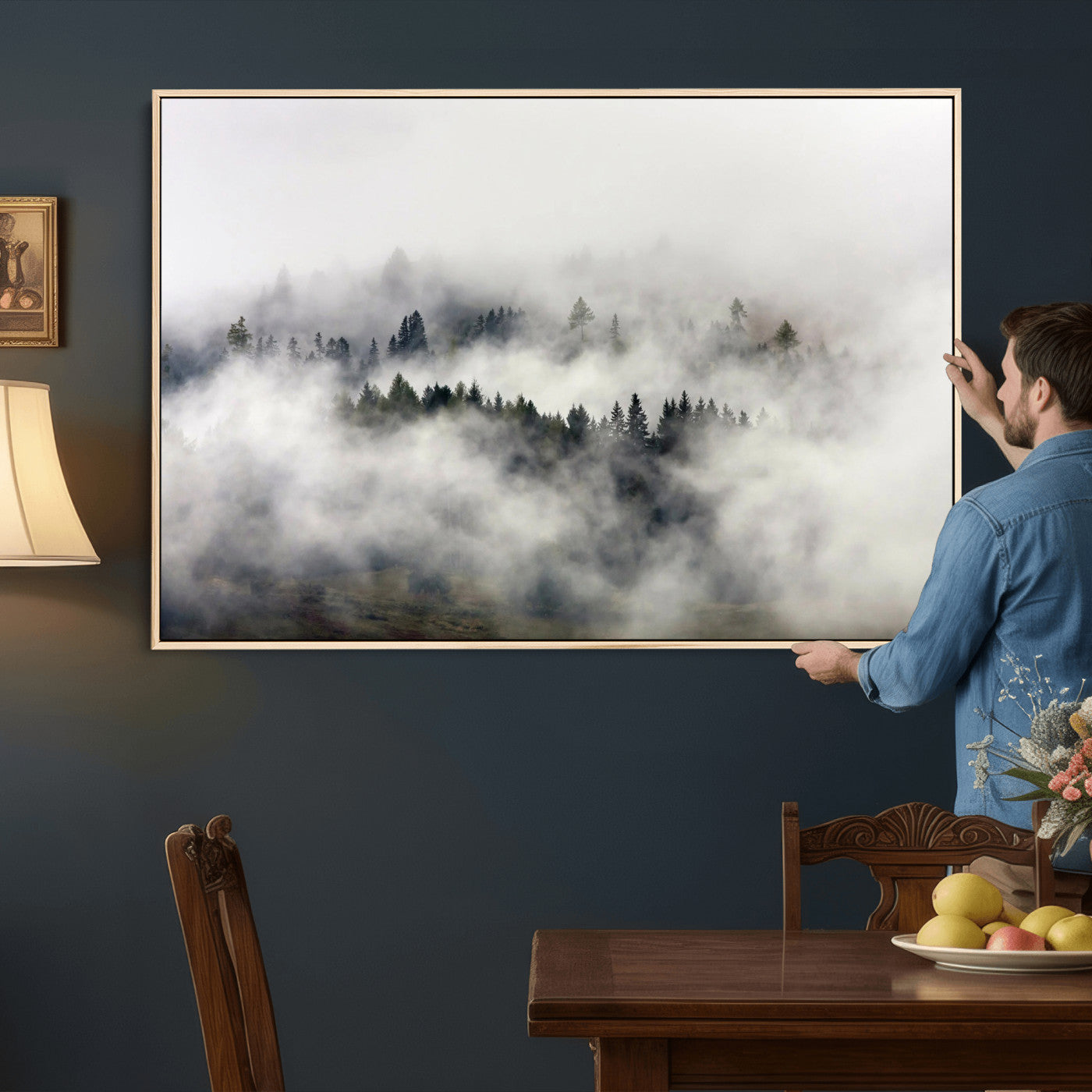 63235457-MGV-CV-36X24 - Foggy Forest Wall Art Canvas Print, Misty Pine Tree Landscape Wall Art Print, Framed Wall Art Ready to Hang