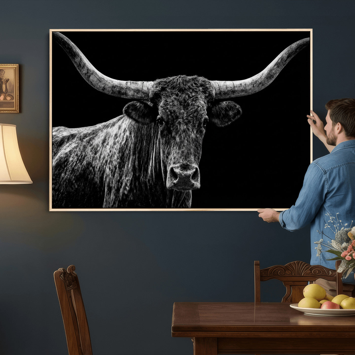 86568508-MGV-CV-36X24 - Vintage Texas Longhorn Bull Wall Art Canvas Print, Texas Cow Portrait Print, Framed Bull Wall Art Ready to Hang