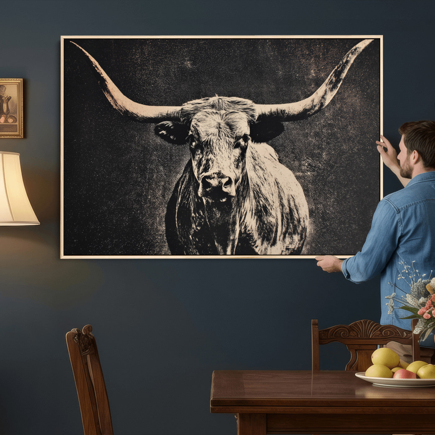 27394218-MGV-CV-36X24 - Vintage Texas Longhorn Bull Wall Art Canvas Print, Cow Portrait Photography Print, Framed Wall Art Ready to Hang