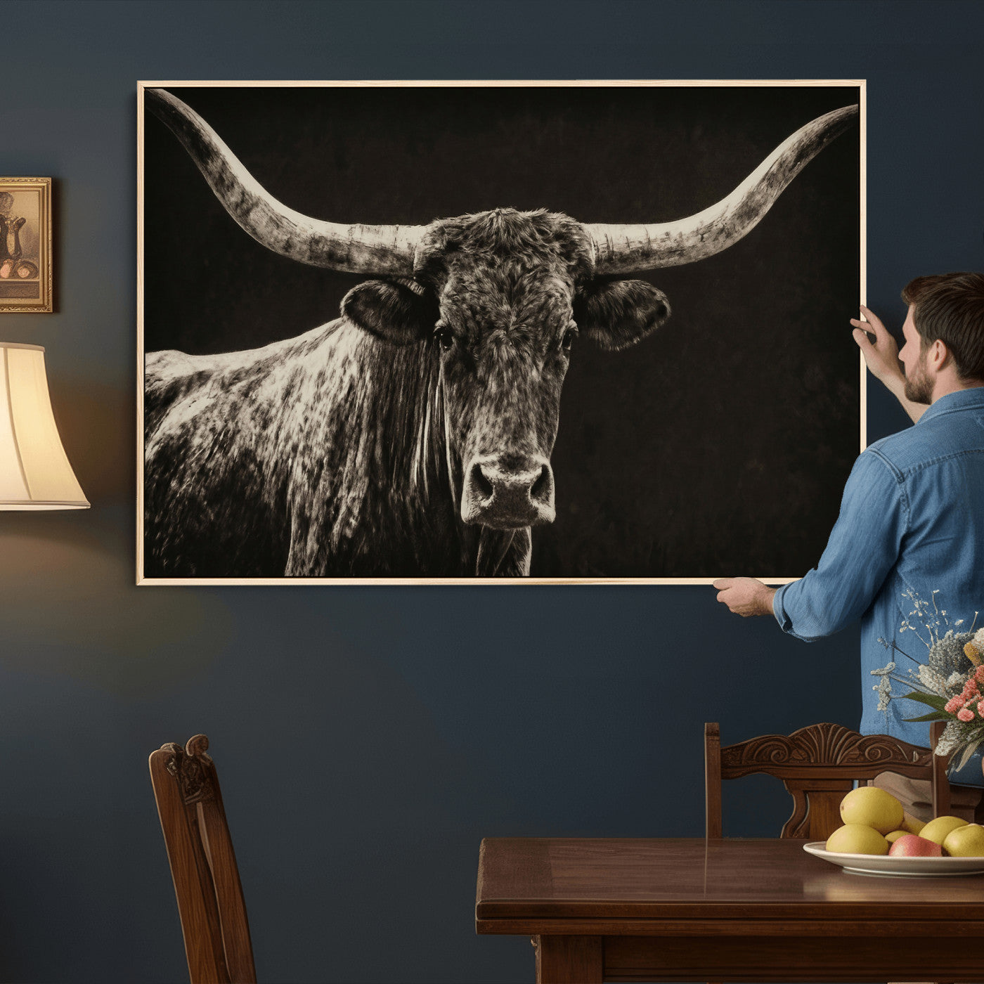 74513721-MGV-CV-36X24 - Vintage Texas Longhorn Bull Wall Art Canvas Print, Cow Portrait Photography Print, Framed Wall Art Ready to Hang