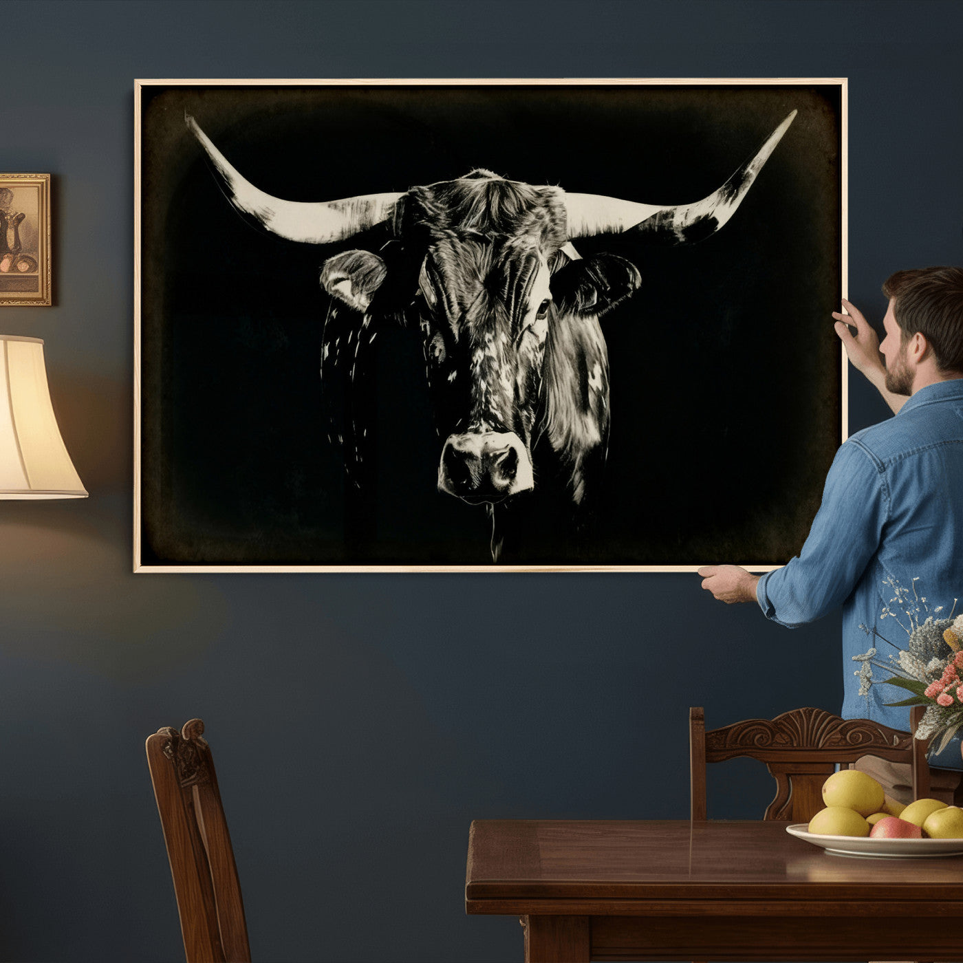 91364114-MGV-CV-36X24 - Black Bull Wall Art Canvas Print, Texas Longhorn Portrait Print, Framed Wall Art Ready to Hang