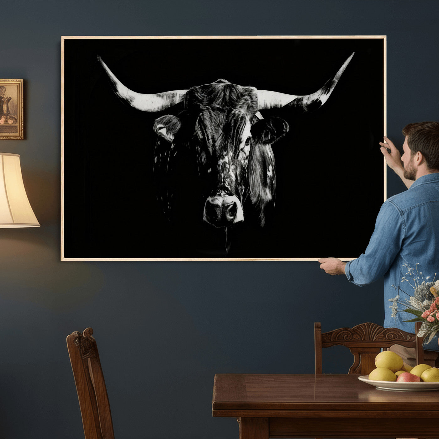 21436434-MGV-CV-36X24 - Black Bull Wall Art Canvas Print, Dark Longhorn Portrait Photography, Framed Wall Art Ready to Hang