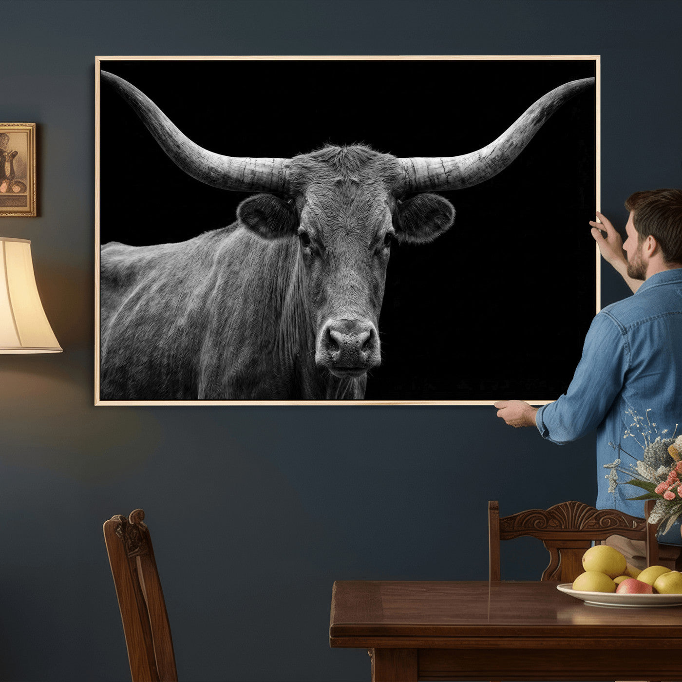32601430-MGV-CV-36X24 - Texas Longhorn Bull Wall Art Canvas Print, Cow Portrait Photography, Framed Wall Art Ready to Hang