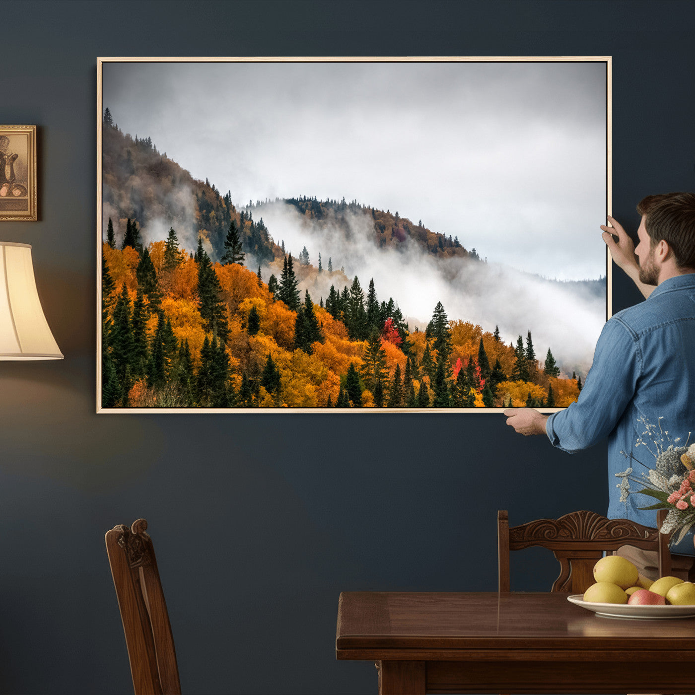 93581632-MGV-CV-36X24 - Autumn Forest Wall Art Canvas Print, Foggy Mountain Landscape Nature Photography, Framed Wall Art Ready to Hang