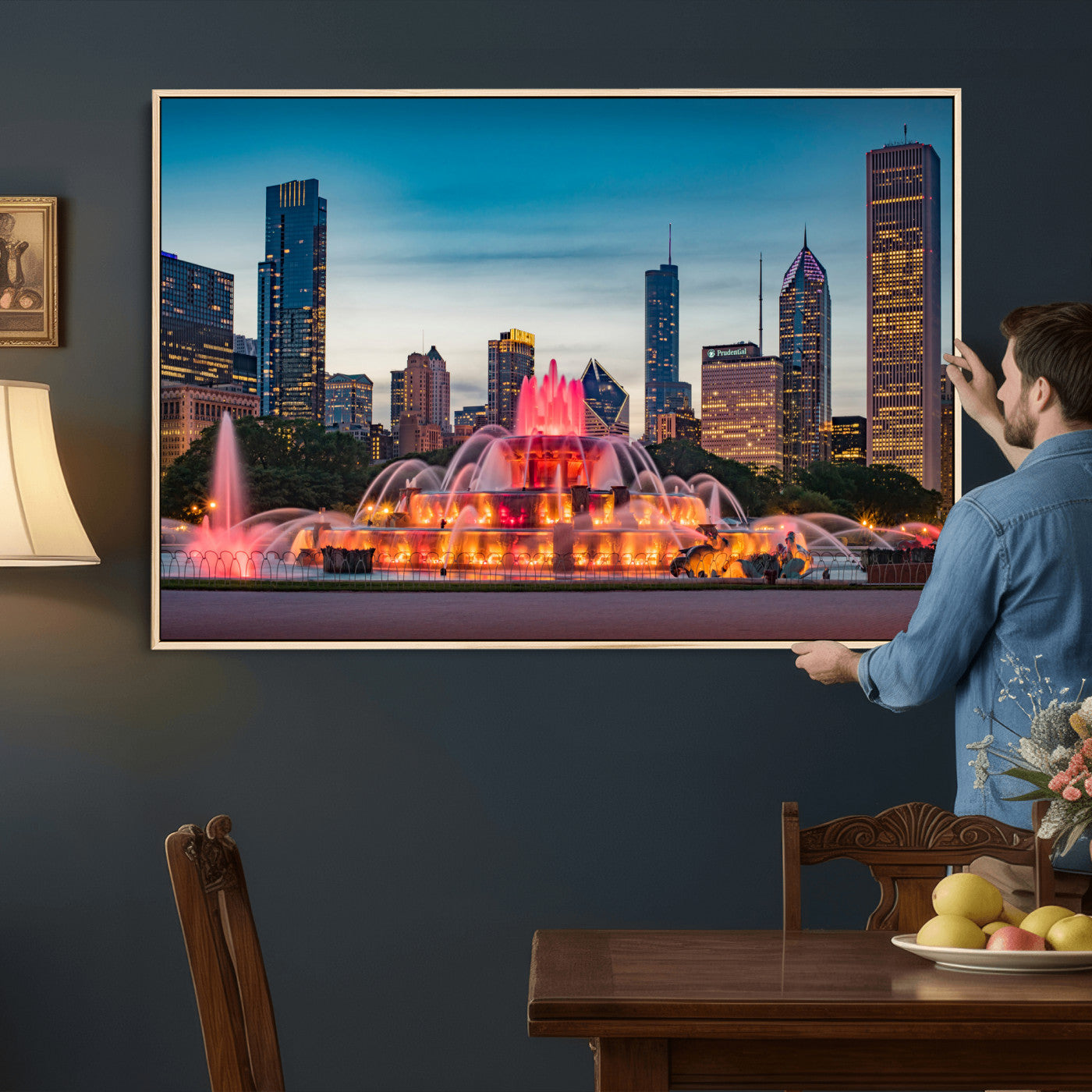 46805285-MGV-CV-36X24 - Chicago Wall Art Canvas Print, Chicago City Downtown Night Cityscape Print for Modern Urban Wall Decor