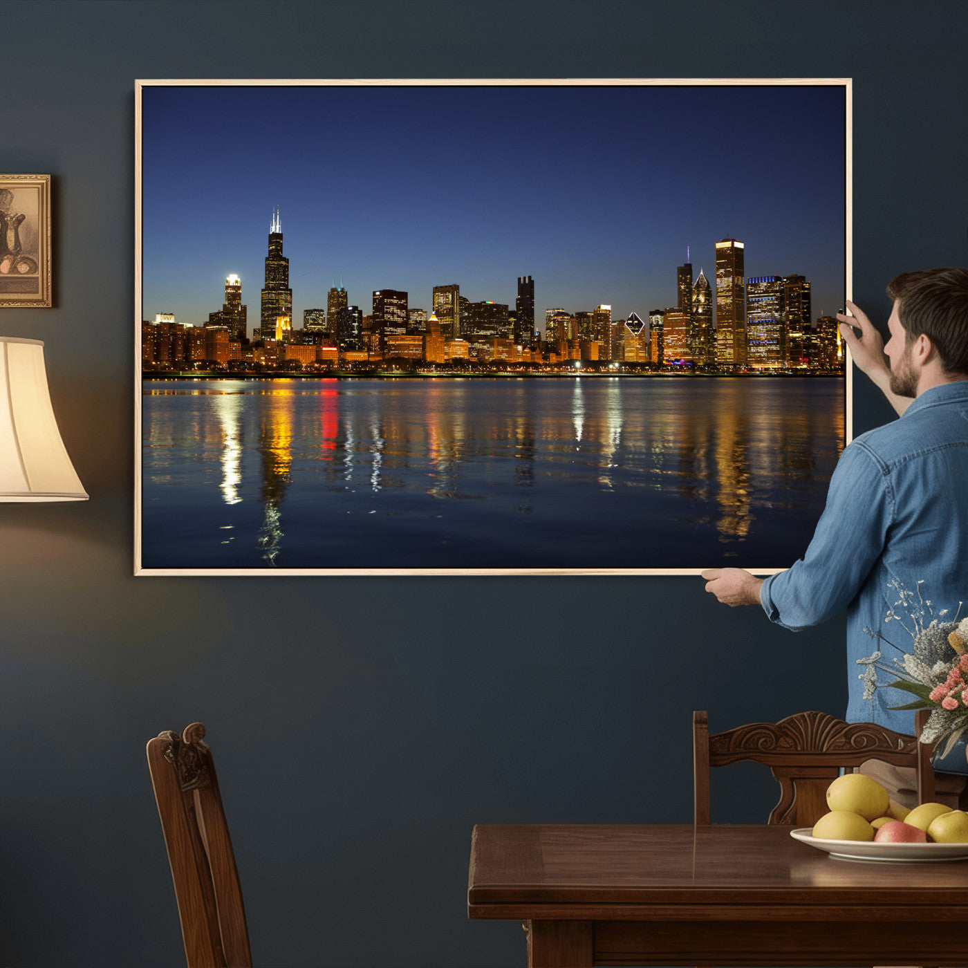 67308035-MGV-CV-36X24 - Chicago Wall Art Canvas Print, Chicago City Downtown Night Cityscape Print for Modern Urban Wall Decor