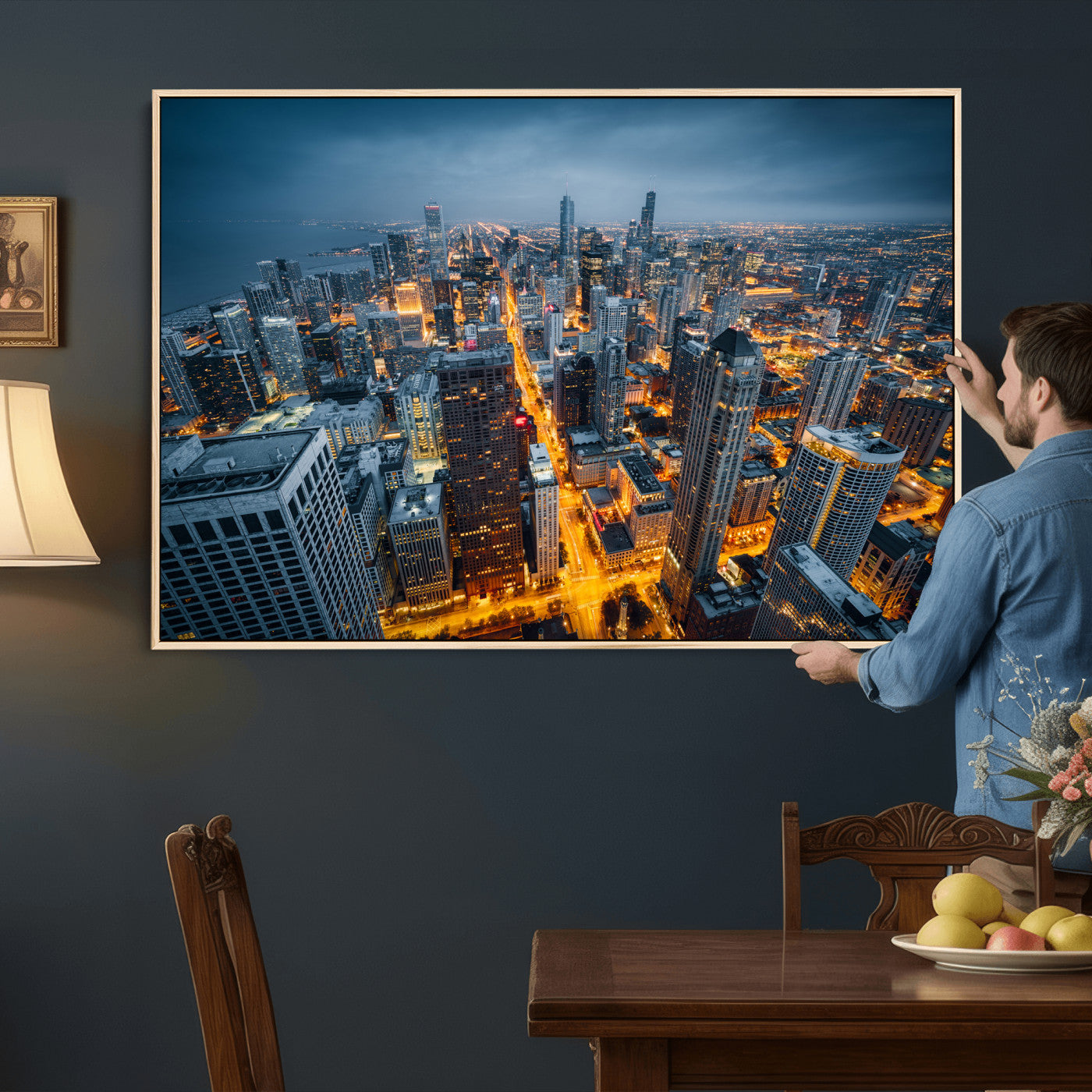 81742538-MGV-CV-36X24 - Chicago Wall Art Canvas Print, Chicago City Downtown Night Cityscape Print for Modern Urban Wall Decor