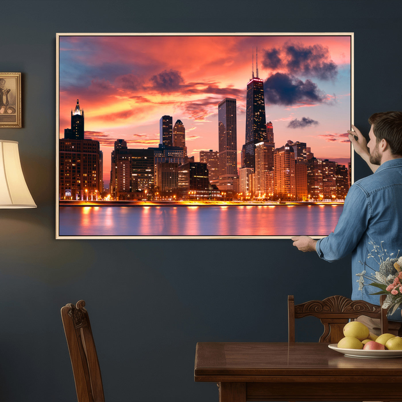 80390109-MGV-CV-36X24 - Chicago Wall Art Canvas Print, Chicago City Downtown Night Cityscape Print for Modern Urban Wall Decor