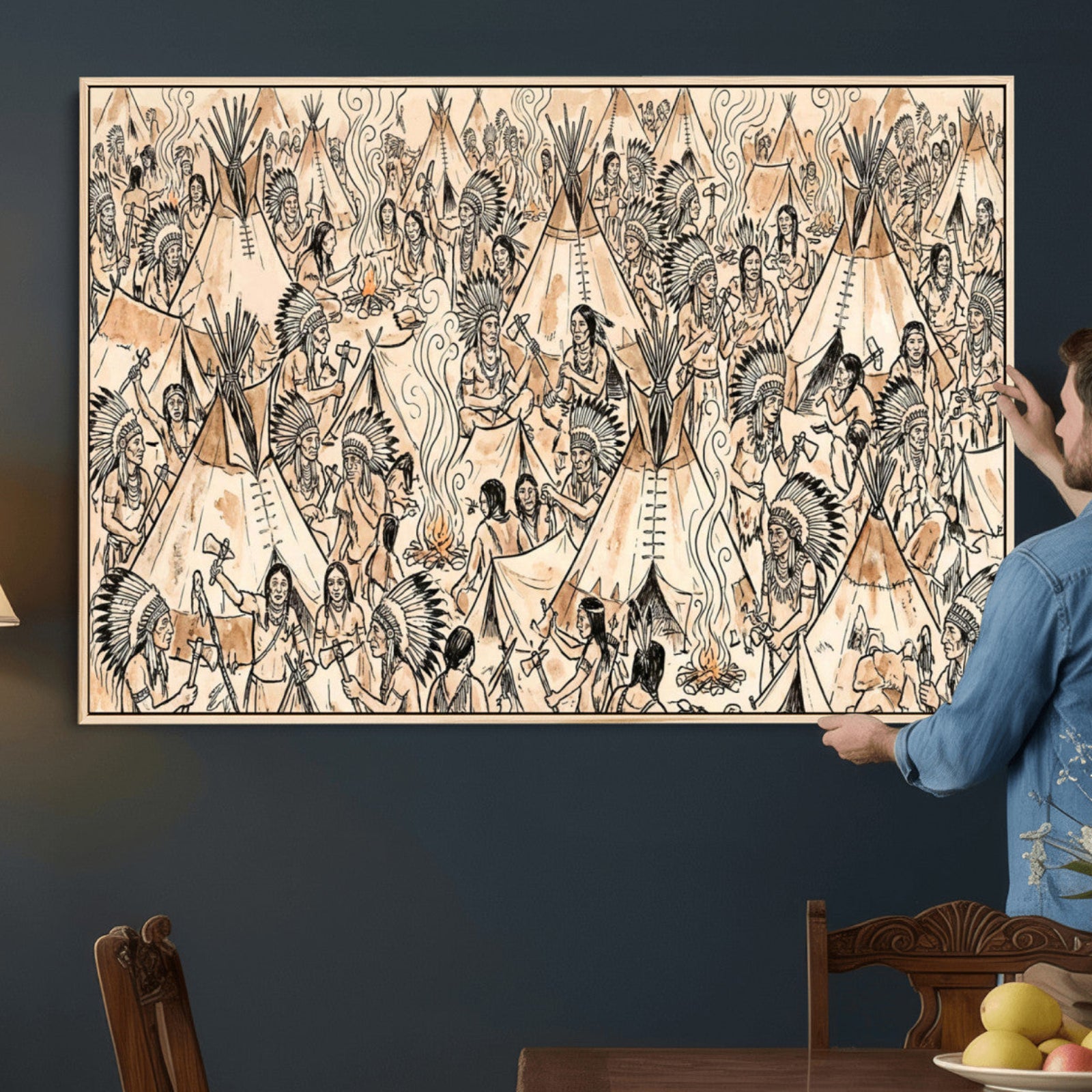 72739176-MGV-CV-36X24 - Farmhouse Animals Wall Art Canvas Print - Abstract Farm Animal Drawing Mid-Century Wall Art for Cabin Decor