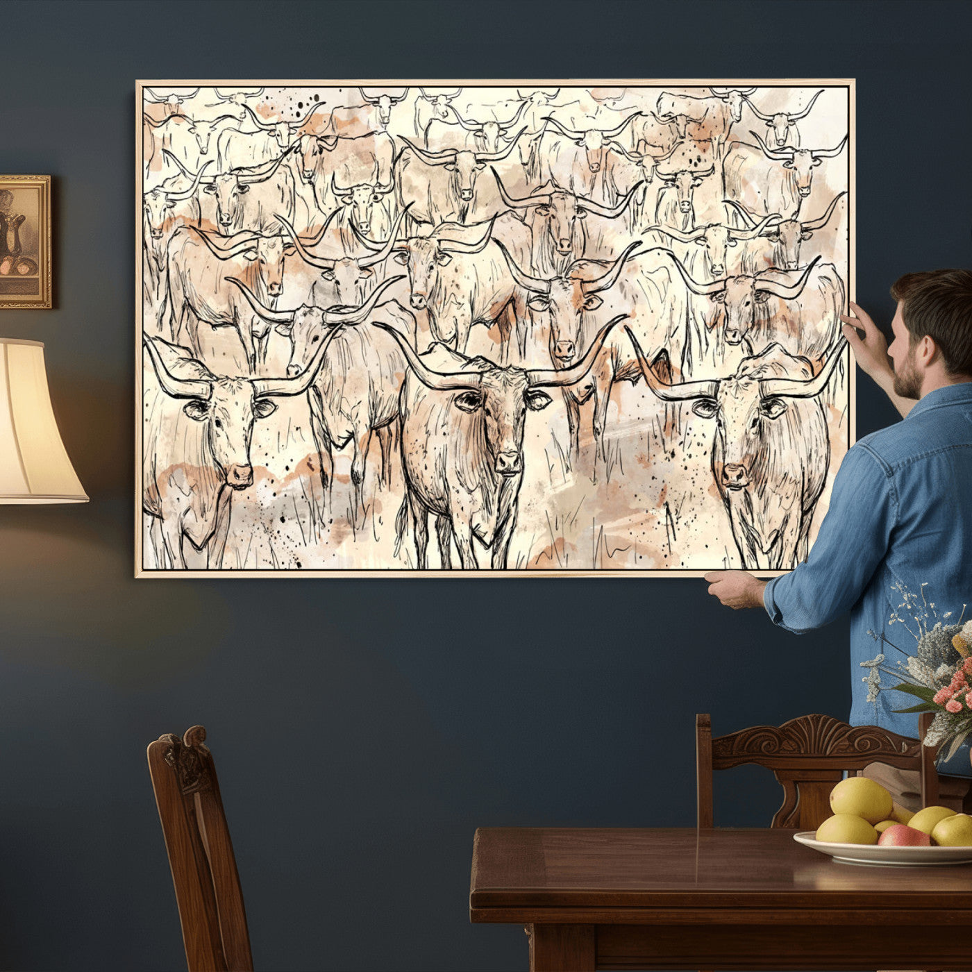 94055403-MGV-CV-36X24 - Farmhouse Animals Wall Art Canvas Print - Abstract Farm Animal Drawing Mid-Century Wall Art for Cabin Decor