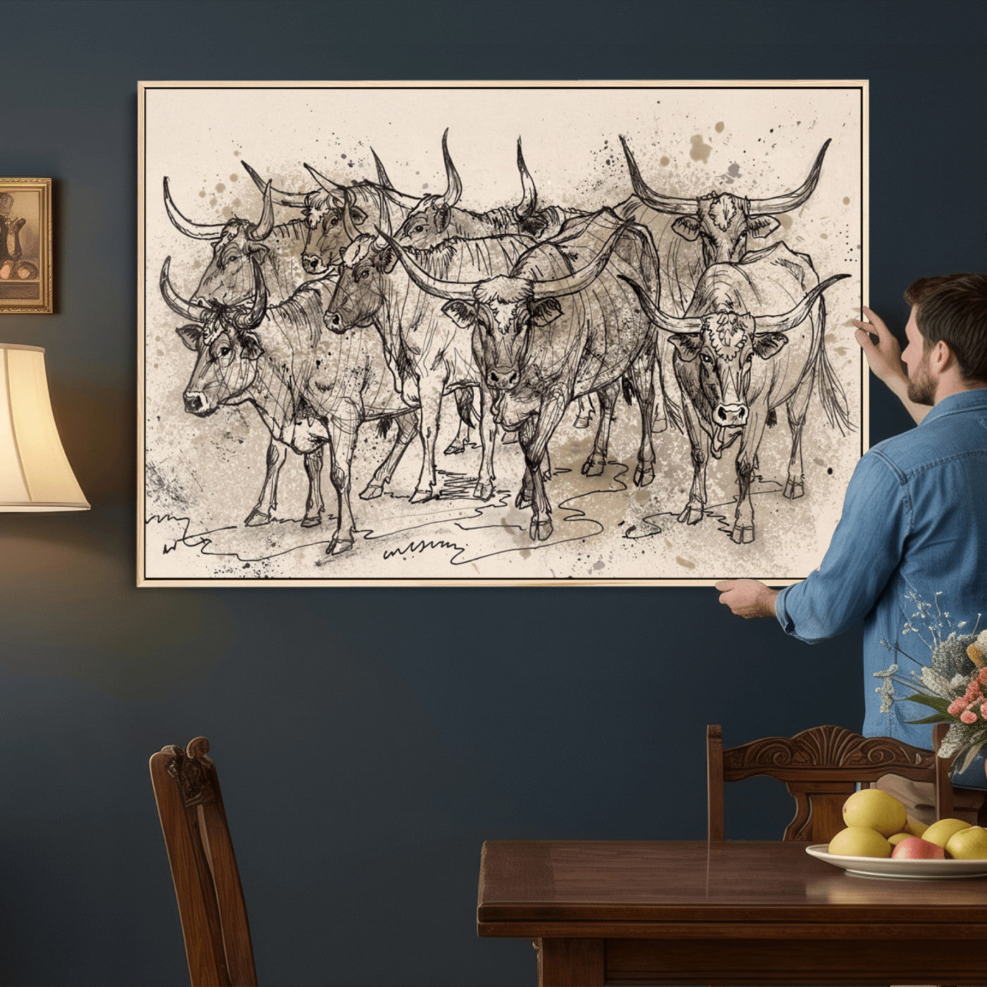 74232558-MGV-CV-36X24 - Farmhouse Animals Wall Art Canvas Print - Abstract Farm Animal Drawing Mid-Century Wall Art for Cabin Decor