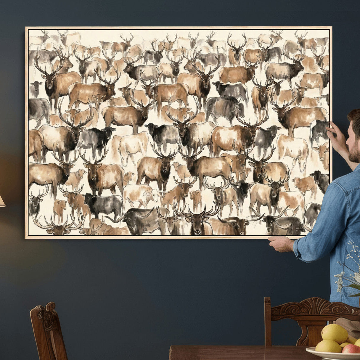 24374881-MGV-CV-36X24 - Farmhouse Animals Wall Art Canvas Print - Abstract Farm Animal Drawing Mid-Century Wall Art for Cabin Decor