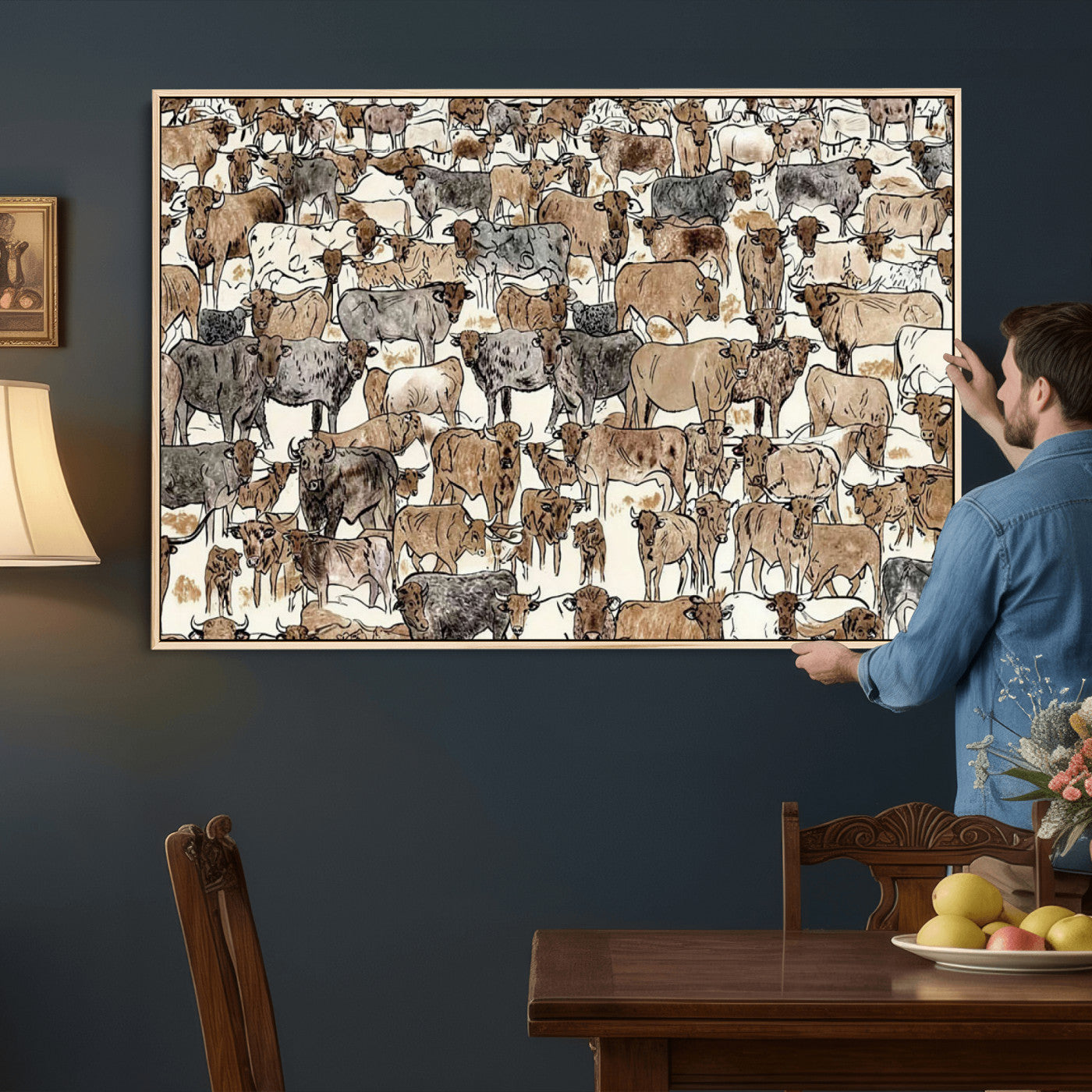 76902119-MGV-CV-36X24 - Farmhouse Animals Wall Art Canvas Print - Abstract Farm Animal Drawing Mid-Century Wall Art for Cabin Decor
