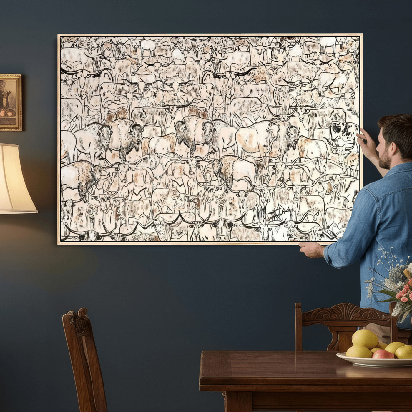 36925875-MGV-CV-36X24 - Farmhouse Animals Wall Art Canvas Print - Abstract Farm Animal Drawing Mid-Century Wall Art for Cabin Decor