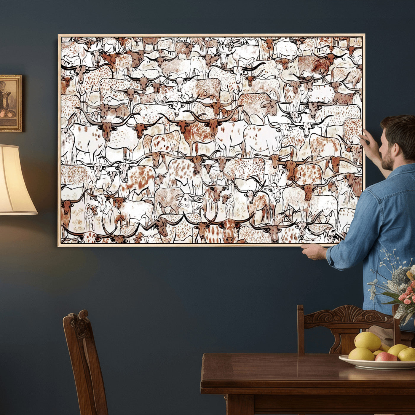 71869761-MGV-CV-36X24 - Farmhouse Animals Wall Art Canvas Print - Abstract Farm Animal Drawing Mid-Century Wall Art for Cabin Decor