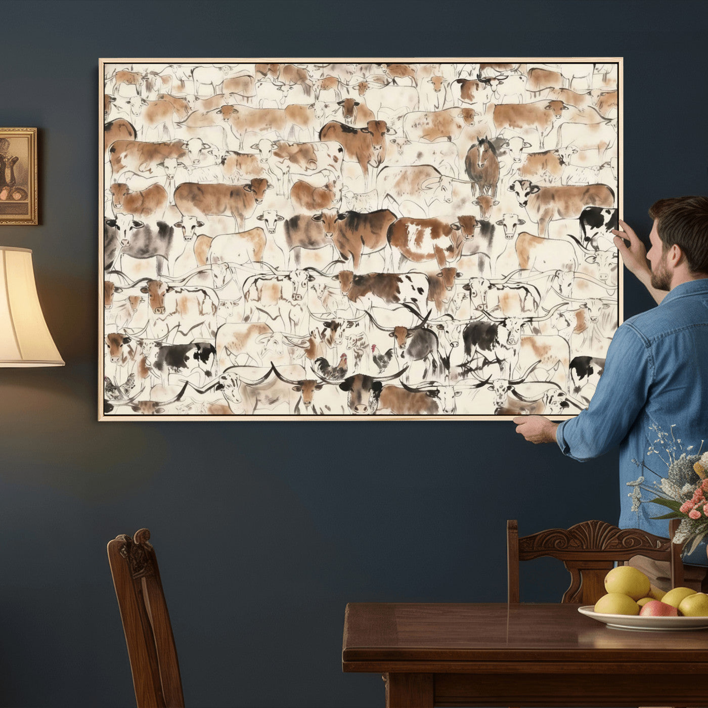 69961368-MGV-CV-36X24 - Farmhouse Animals Wall Art Canvas Print - Abstract Farm Animal Drawing Mid-Century Wall Art for Cabin Decor