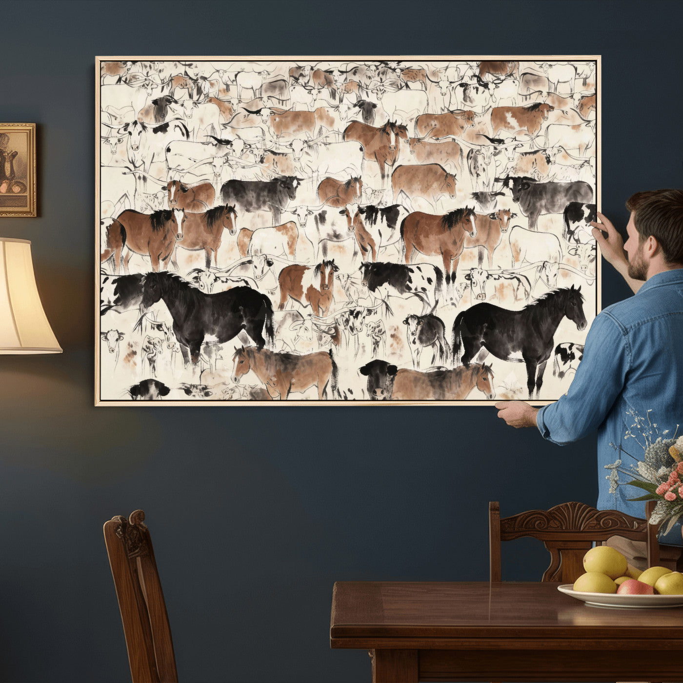 74171578-MGV-CV-36X24 - Farmhouse Animals Wall Art Canvas Print - Abstract Farm Animal Drawing Mid-Century Wall Art for Cabin Decor