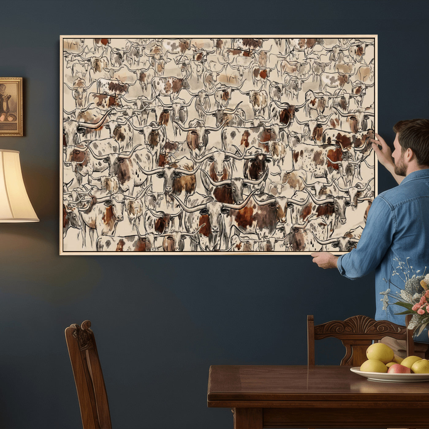 94808502-MGV-CV-36X24 - Farmhouse Animals Wall Art Canvas Print - Abstract Farm Animal Drawing Mid-Century Wall Art for Cabin Decor