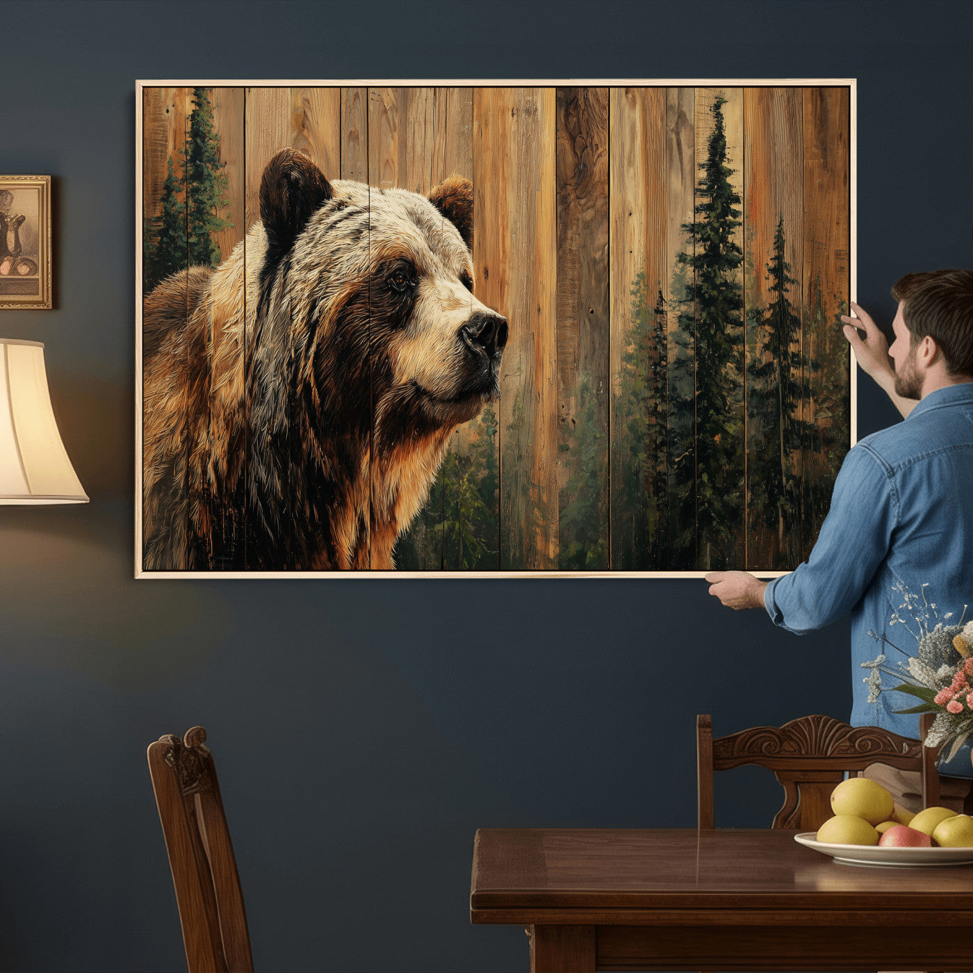 75645180-MGV-CV-36X24 - Grizzly Bear Wall Art Canvas Print, Rustic Wildlife Bear Artwork, Forest Animal Painting, Cabin Lodge Nature Wall Decor