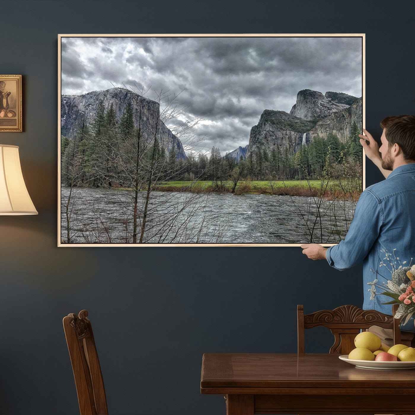 75582552-MGV-CV-36X24 - Yosemite Valley River Landscape Wall Art Canvas Print, Granite Cliffs Forest River Canvas Print, California National Park Moody Scenic Art Printi