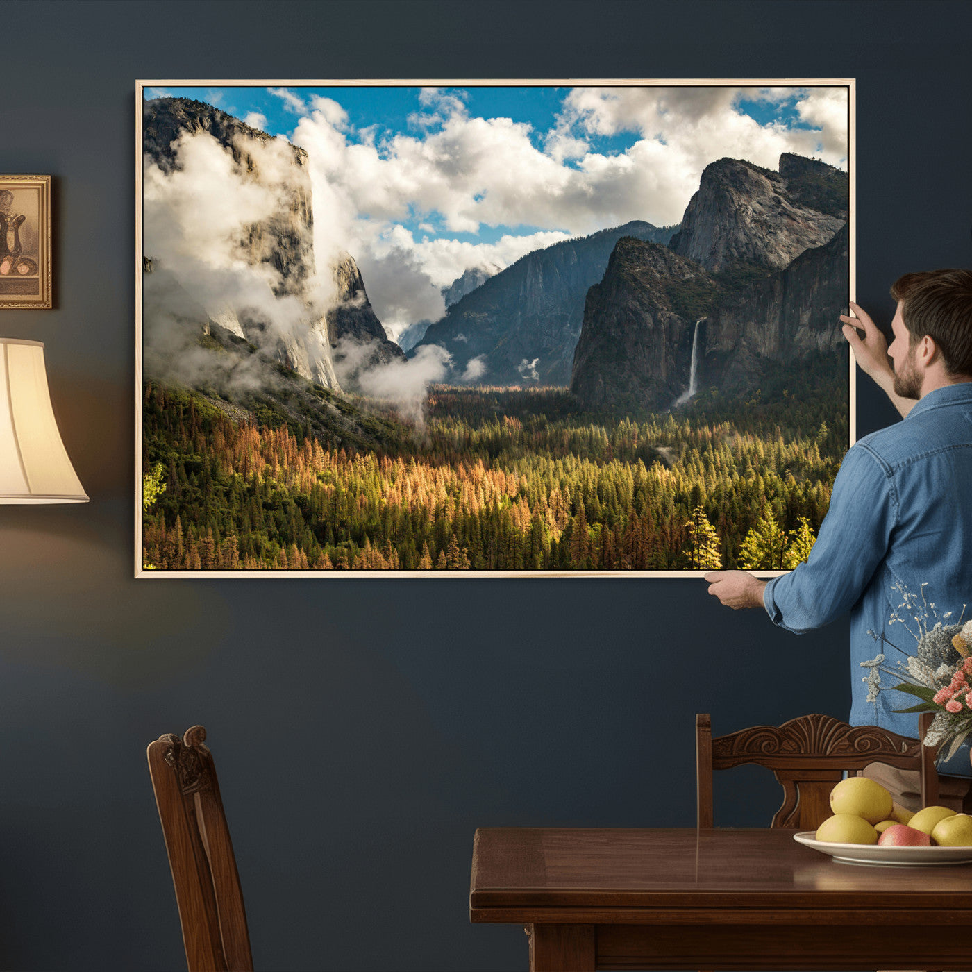 18271001-MGV-CV-36X24 - Yosemite Valley River Landscape Wall Art Canvas Print, Granite Cliffs Forest River Canvas Print, California National Park Moody Scenic Art Printi