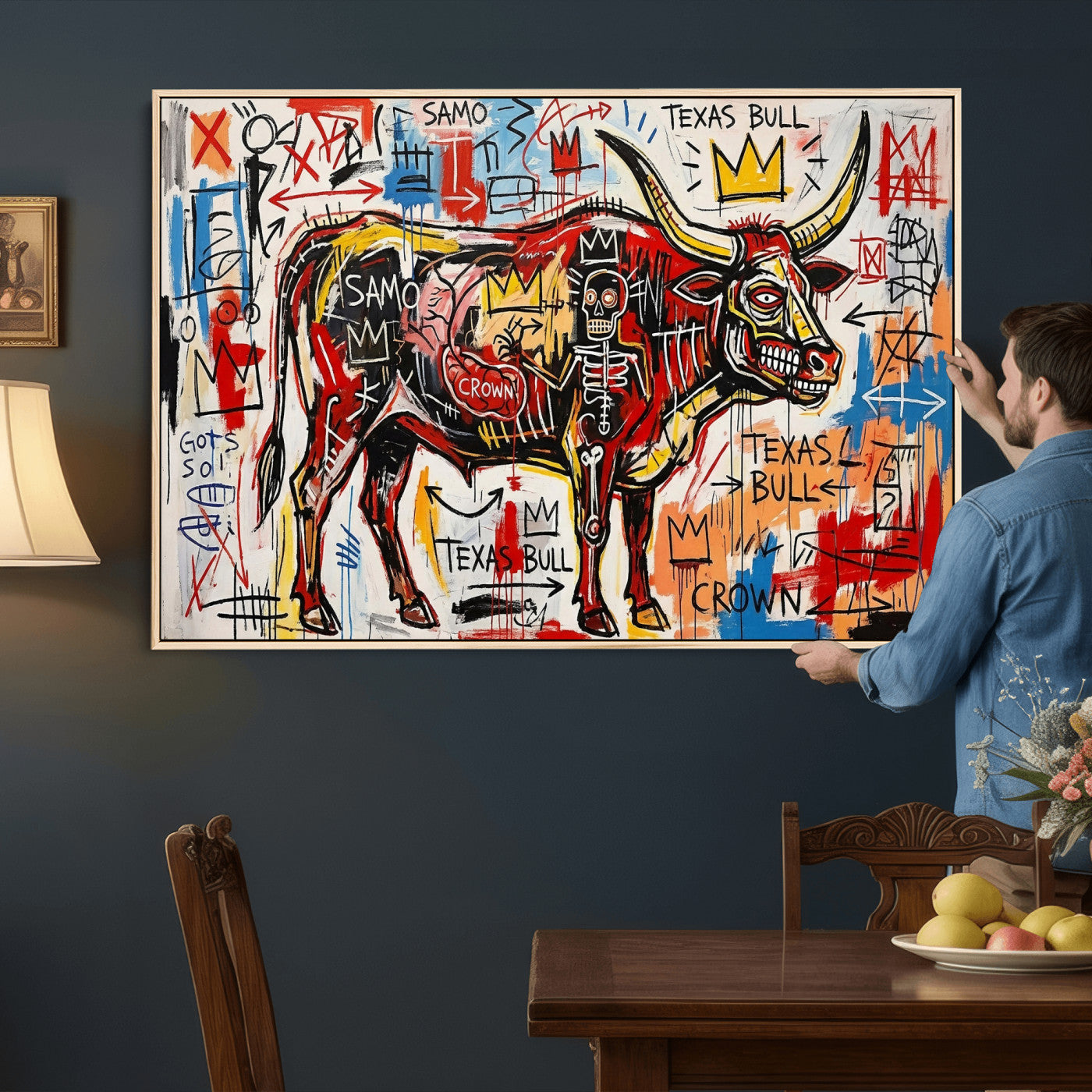 89504579-MGV-CV-36X24 - TITLE: Texas Bull Wall Art Canvas Print, Abstract Graffiti Bull Painting, Western Animal Art, Modern Ranch Decor